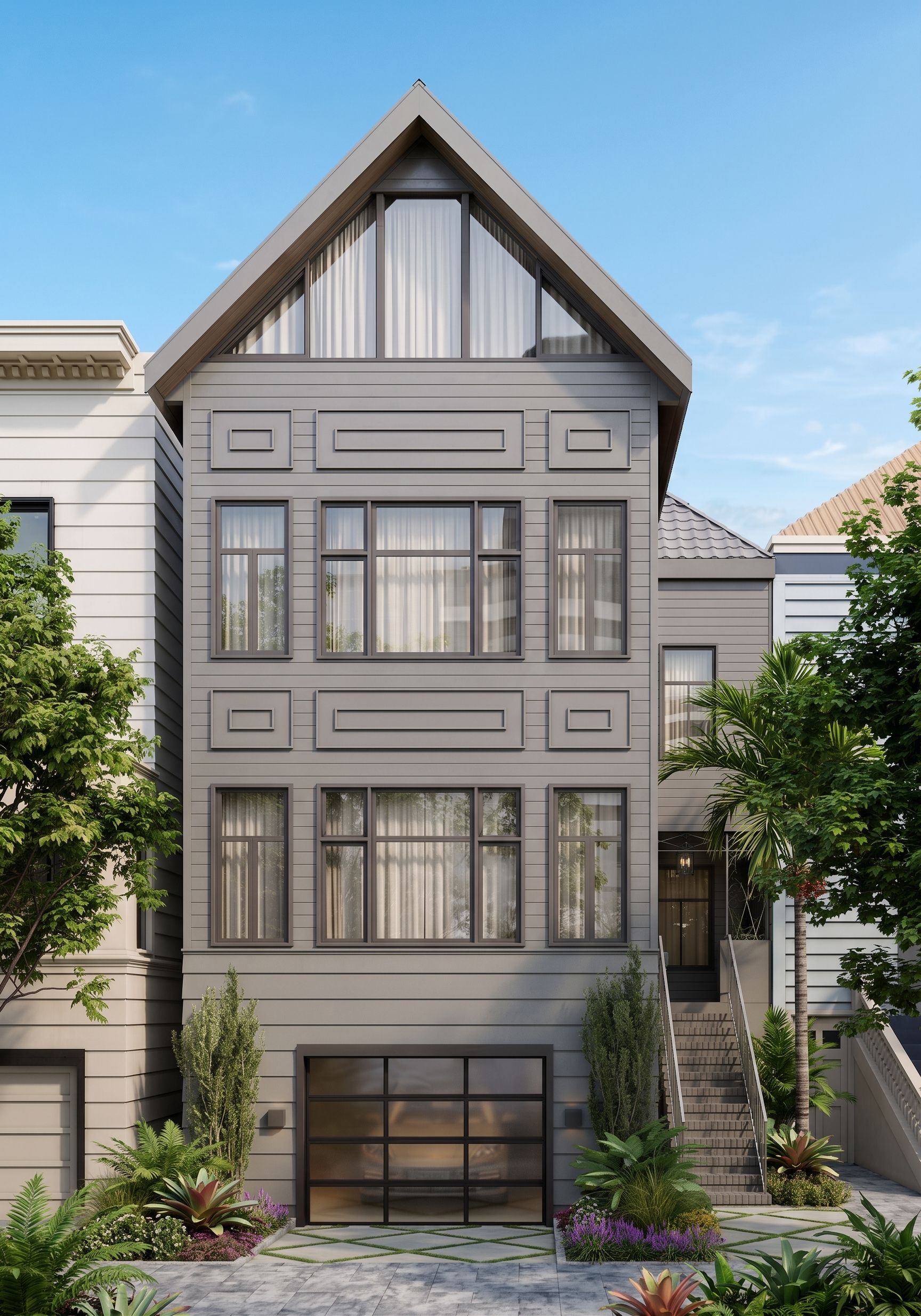 Daytime 3D rendering of the front facade of 3740 Sacramento Street, a five-bedroom designer residence in Pacific Heights, San Francisco, created to launch its sale before completion.