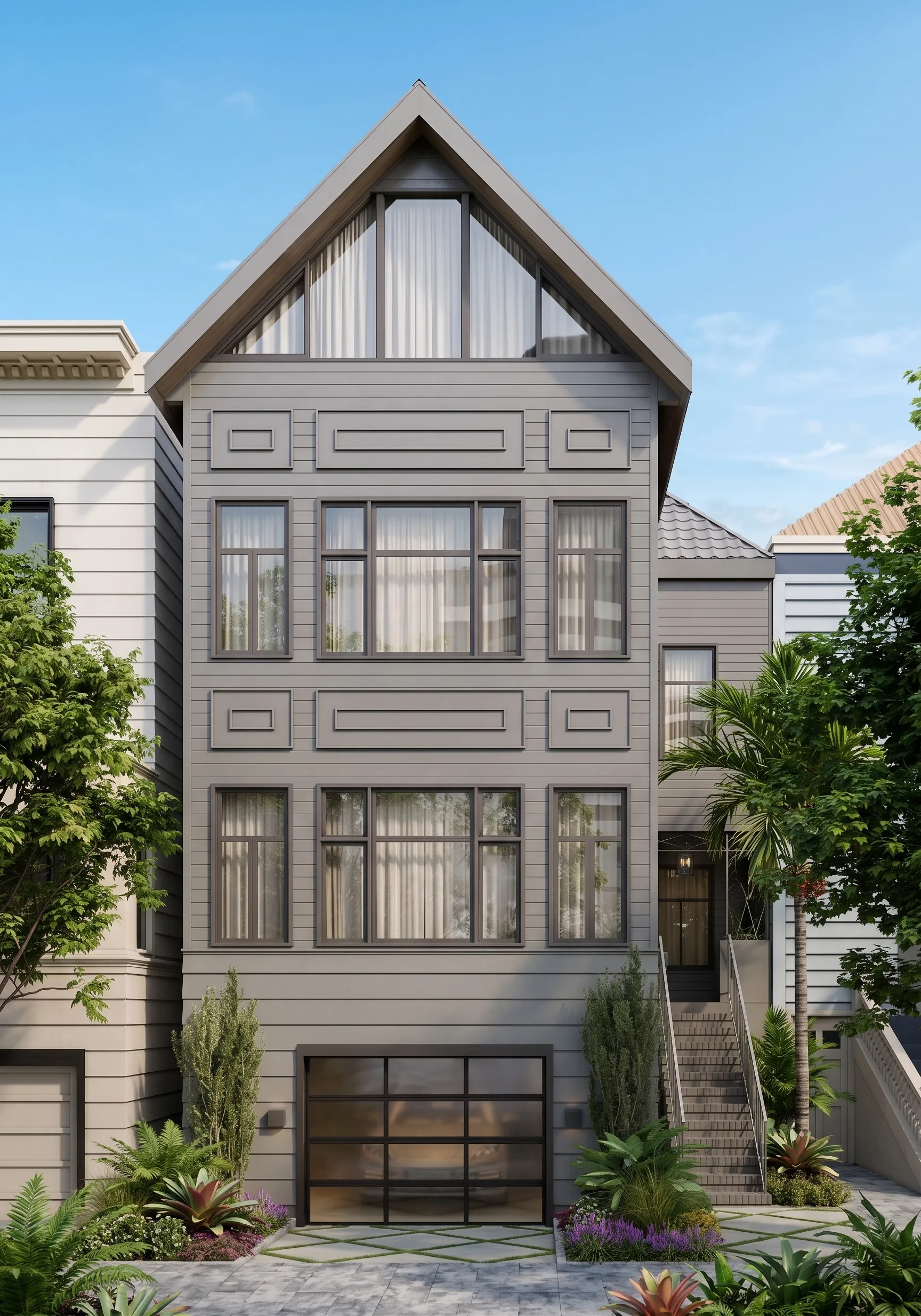 3D exterior rendering of the front facade of 3740 Sacramento Street in Pacific Heights, San Francisco