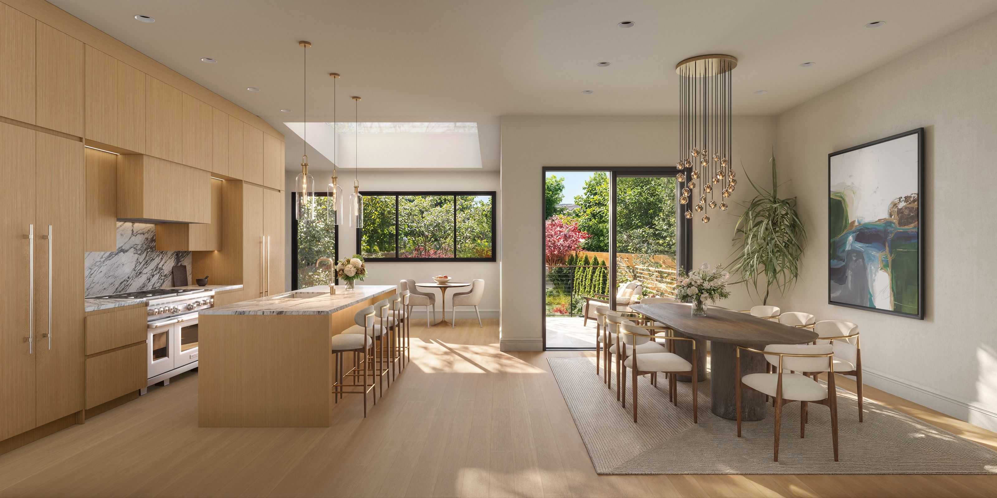 A photorealistic 3D architectural rendering by NoTriangle Studio of the open kitchen and dining room at 3740 Sacramento Street in San Francisco, with white oak cabinetry, a marble waterfall island with bar seating, a wood dining table under a cascading pendant light, and sliding glass doors to the garden.