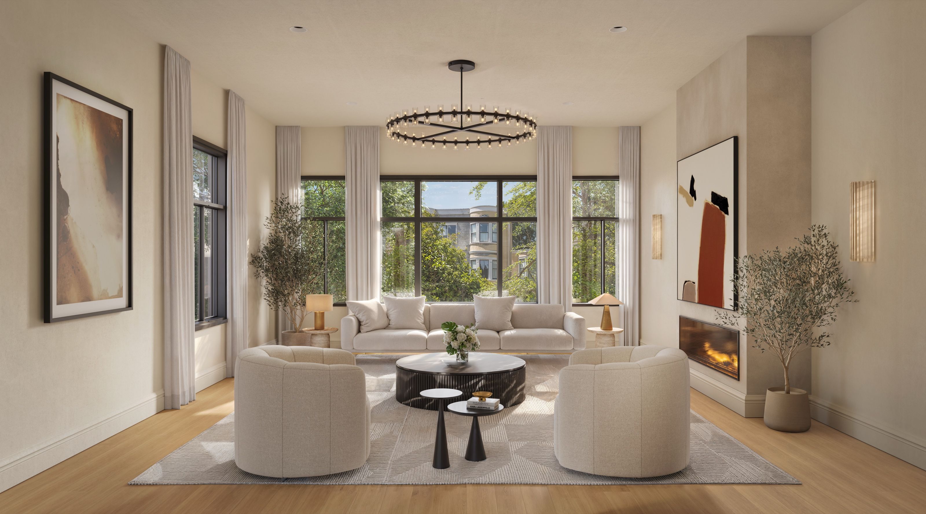 A photorealistic 3D architectural rendering by NoTriangle Studio of the living room at 3740 Sacramento Street in San Francisco, a warm neutral space with a circular ring chandelier, a fireplace, tall curtained windows, a pale sofa, and rounded lounge chairs around a black coffee table.