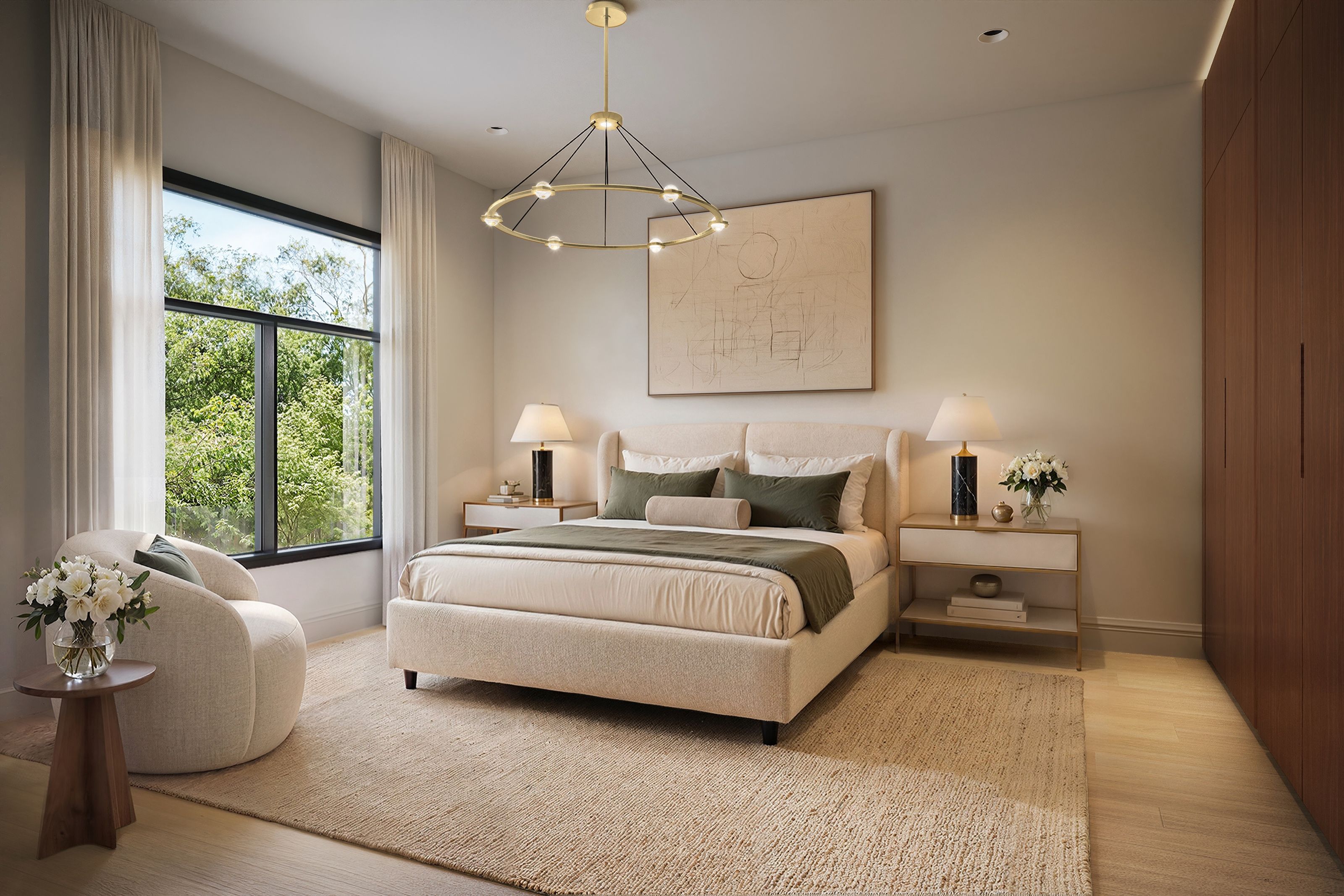 A photorealistic 3D architectural rendering by NoTriangle Studio of the primary bedroom at 3740 Sacramento Street in San Francisco, with an upholstered bed, a brass ring chandelier, flanking nightstands and lamps, a walnut wardrobe wall, and a large window overlooking greenery.
