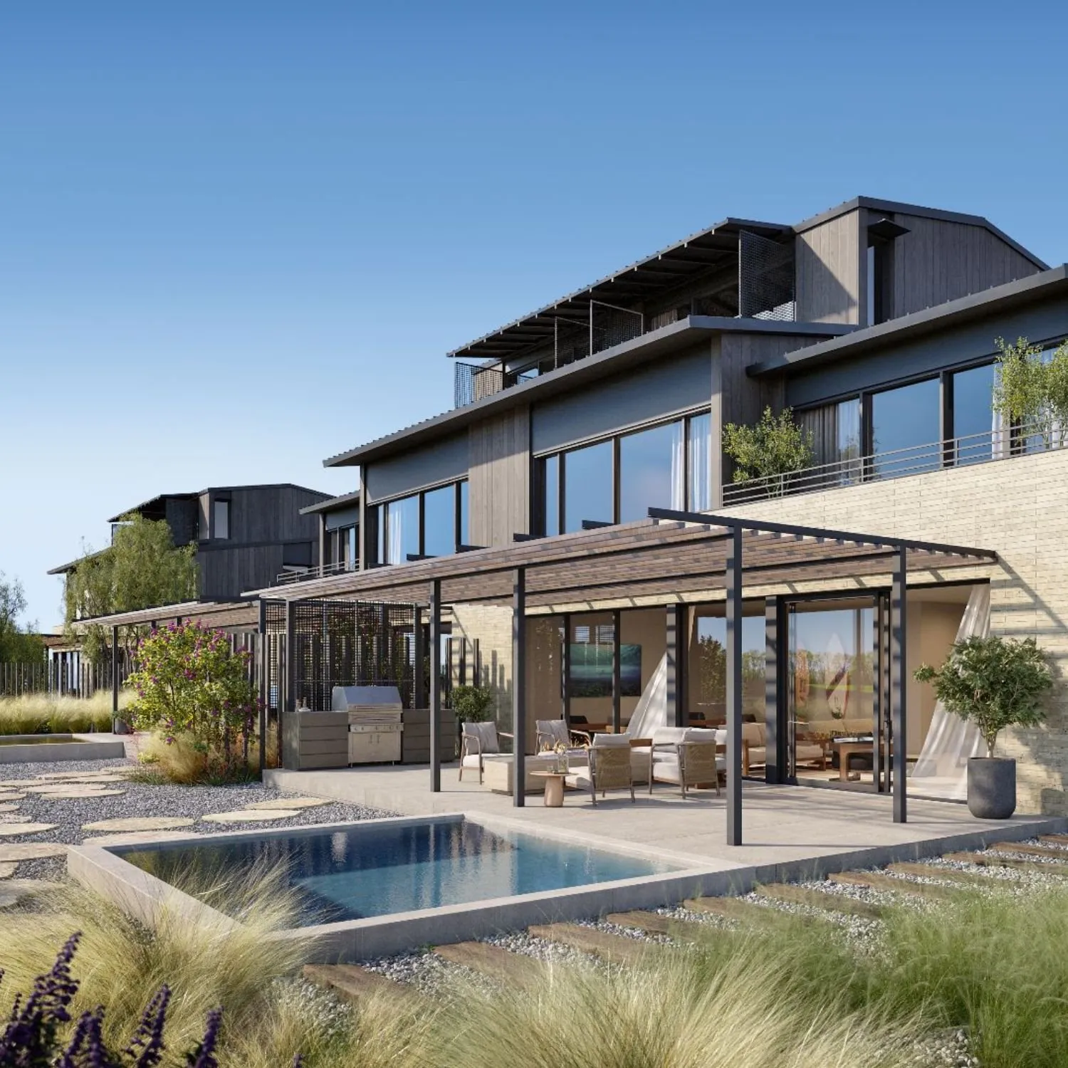 3D exterior rendering of a modern residence at Austin Surf Club, from a project whose review cycle illustrates how revision rounds work in practice.