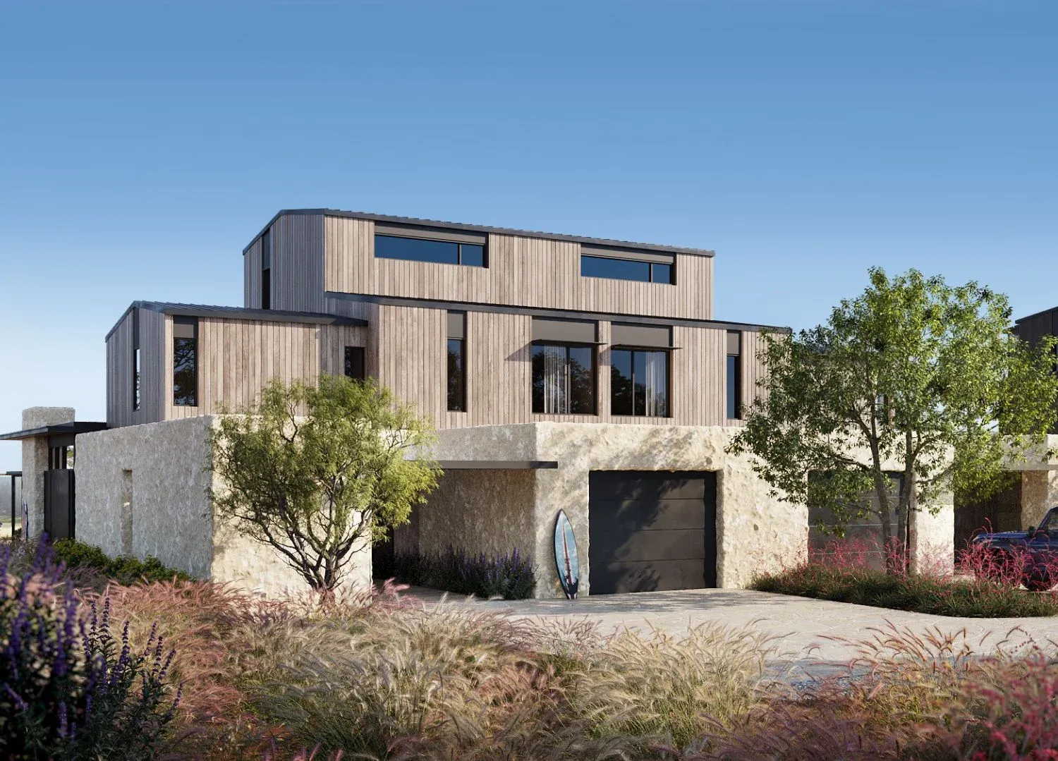 Exterior 3D rendering of a timber and stone residence at Austin Surf Club, Texas, with its garage behind native grasses and lavender