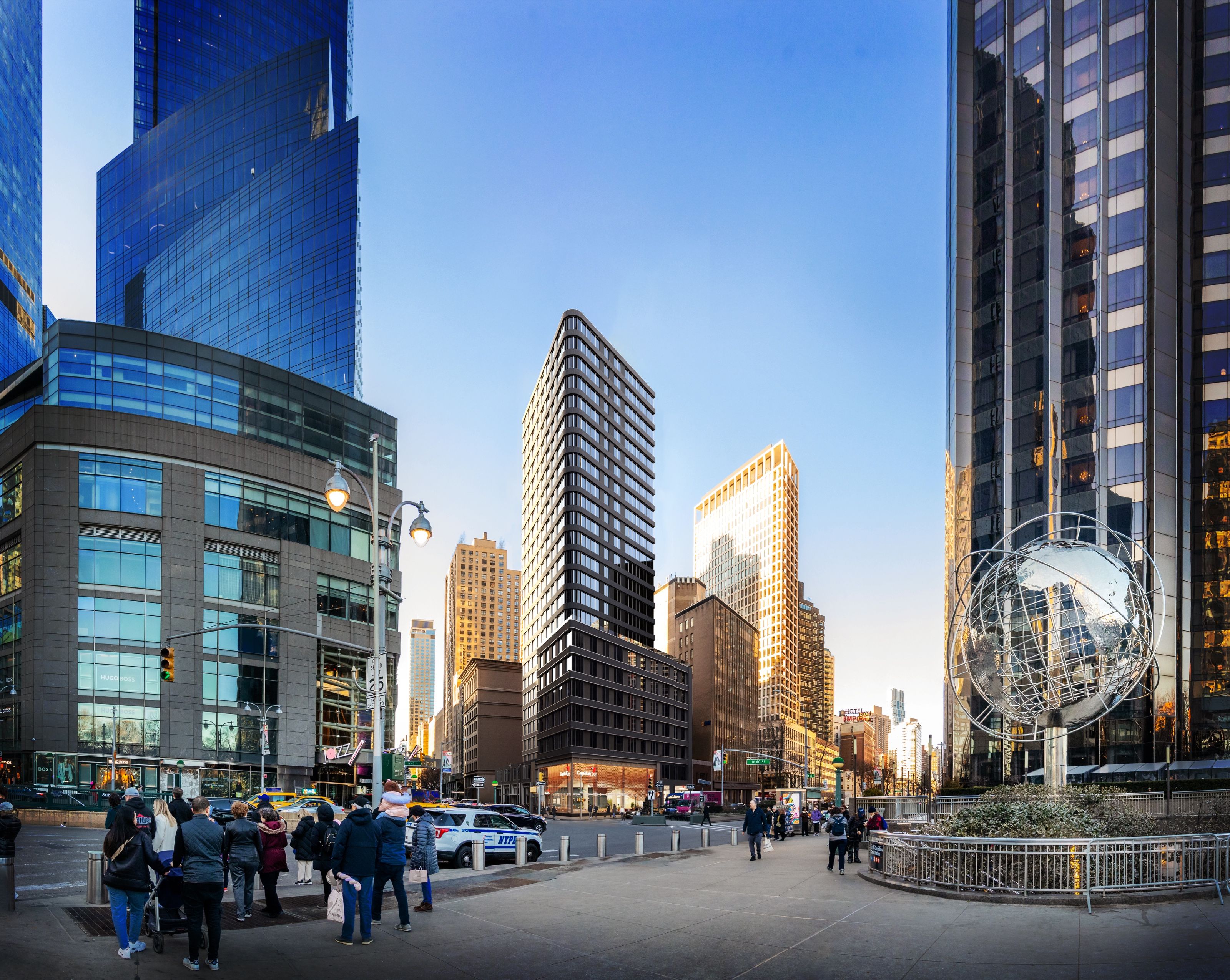 3D exterior context rendering of the Capital One Café development near Columbus Circle in Manhattan, showing the building among surrounding glass towers, the Columbus Circle globe sculpture, pedestrians, and street traffic at dusk.