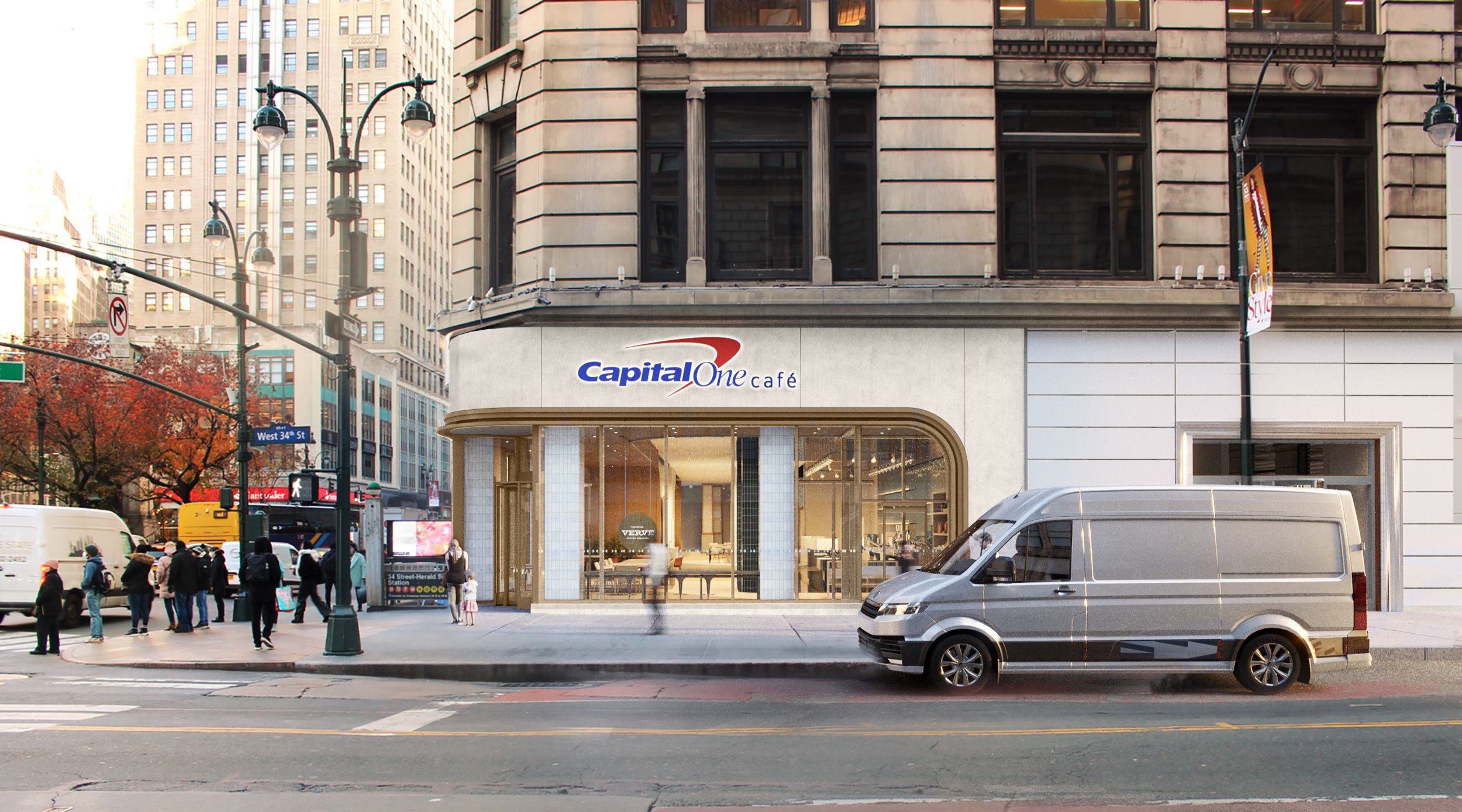 3D exterior rendering of a Capital One Café storefront on a Manhattan corner near West 34th Street, with curved glazing, brand signage, a delivery van and pedestrians on the sidewalk, and a subway entrance.
