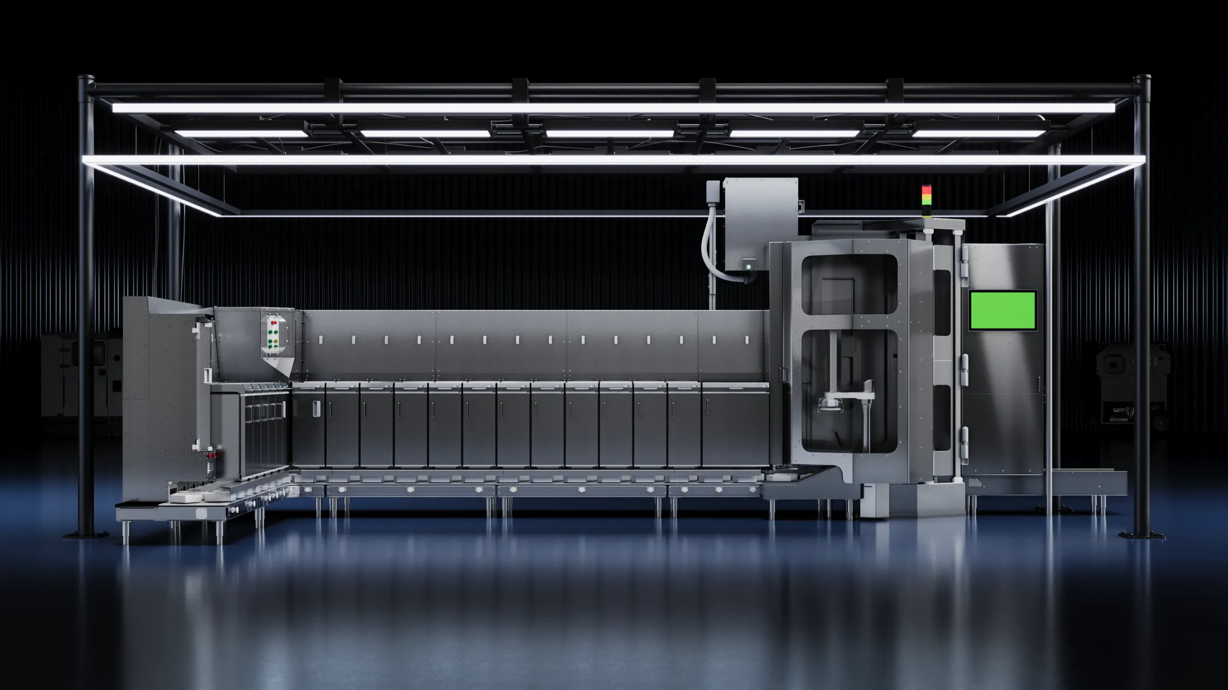 3D product rendering of a robotic bowl machine in a dark studio scene