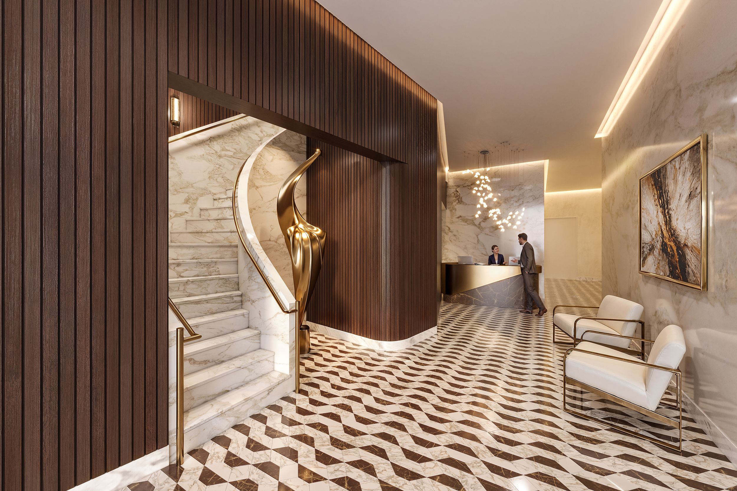 3D interior rendering of a reimagined lobby at 66 East 55th Street, Manhattan, with a marble spiral staircase, a gold sculpture, fluted walnut paneling, and a patterned marble floor.