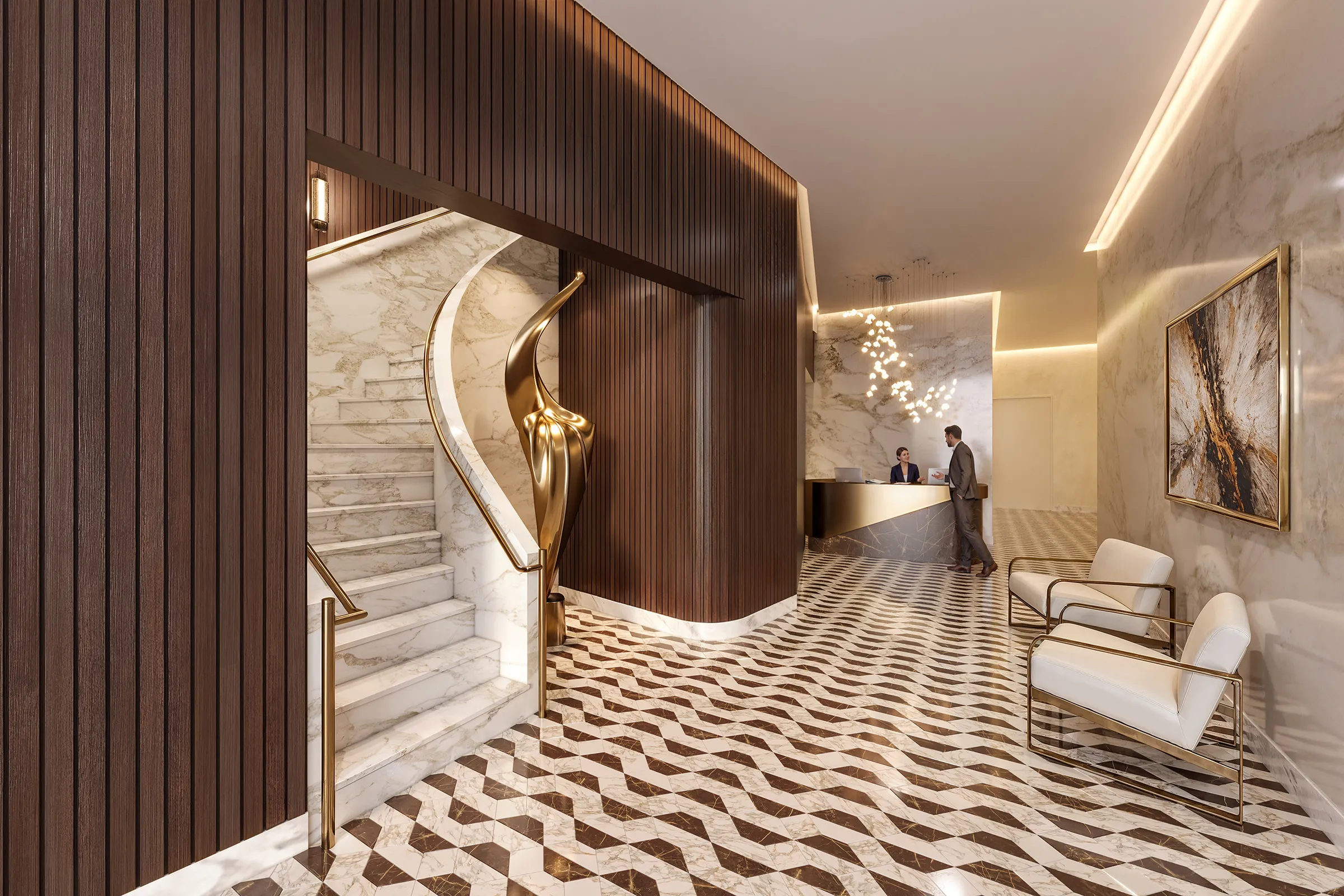 3D interior rendering of a reimagined lobby at 66 East 55th Street, Manhattan, with a marble spiral staircase, a gold sculpture, fluted walnut paneling, and a patterned marble floor leading to a reception desk.