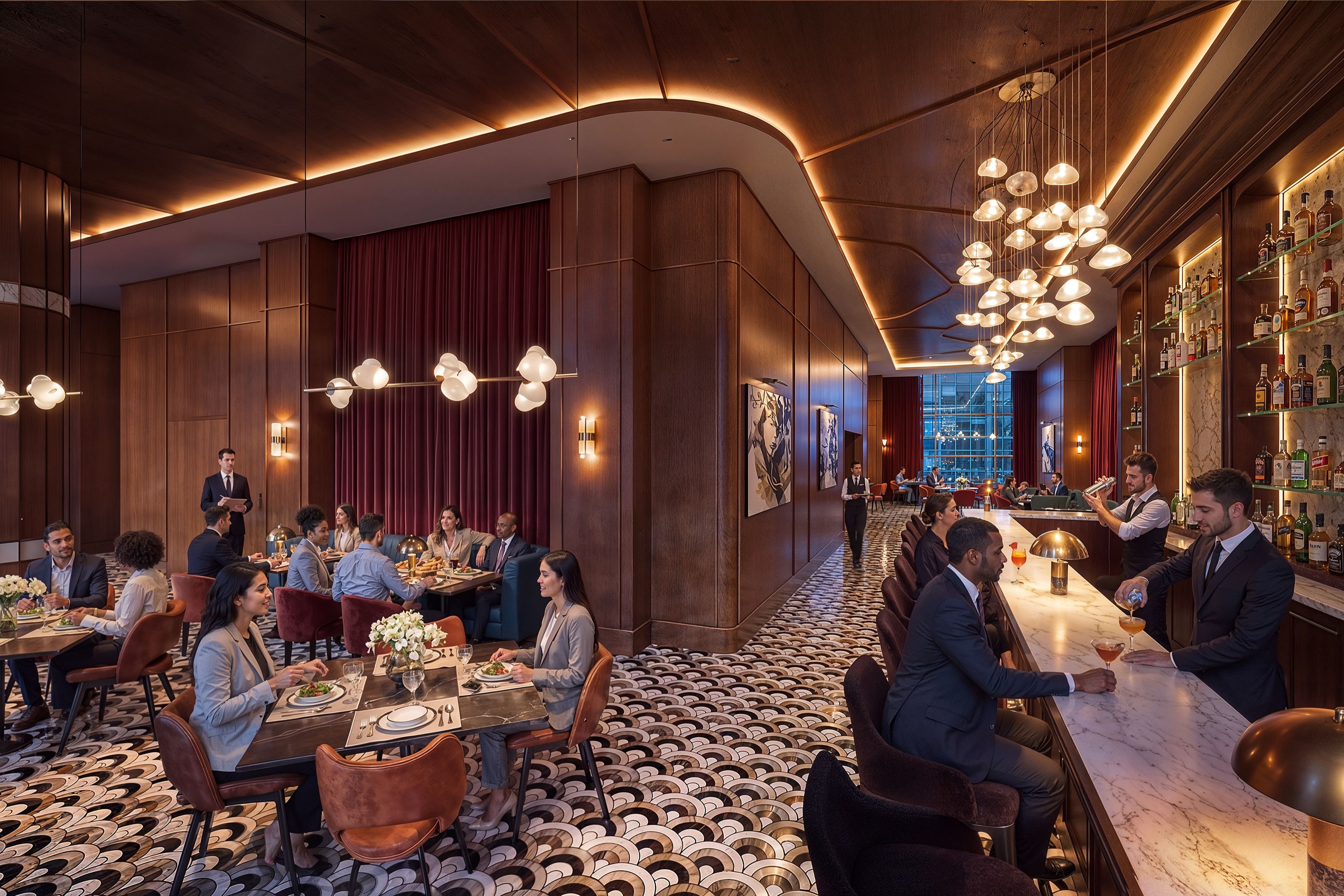 3D interior rendering of a restaurant concept at 66 East 55th Street showing a marble bar with a bartender and guests, a cluster of glass pendant lights, dark wood paneling, red drapery, and diners at marble tables.