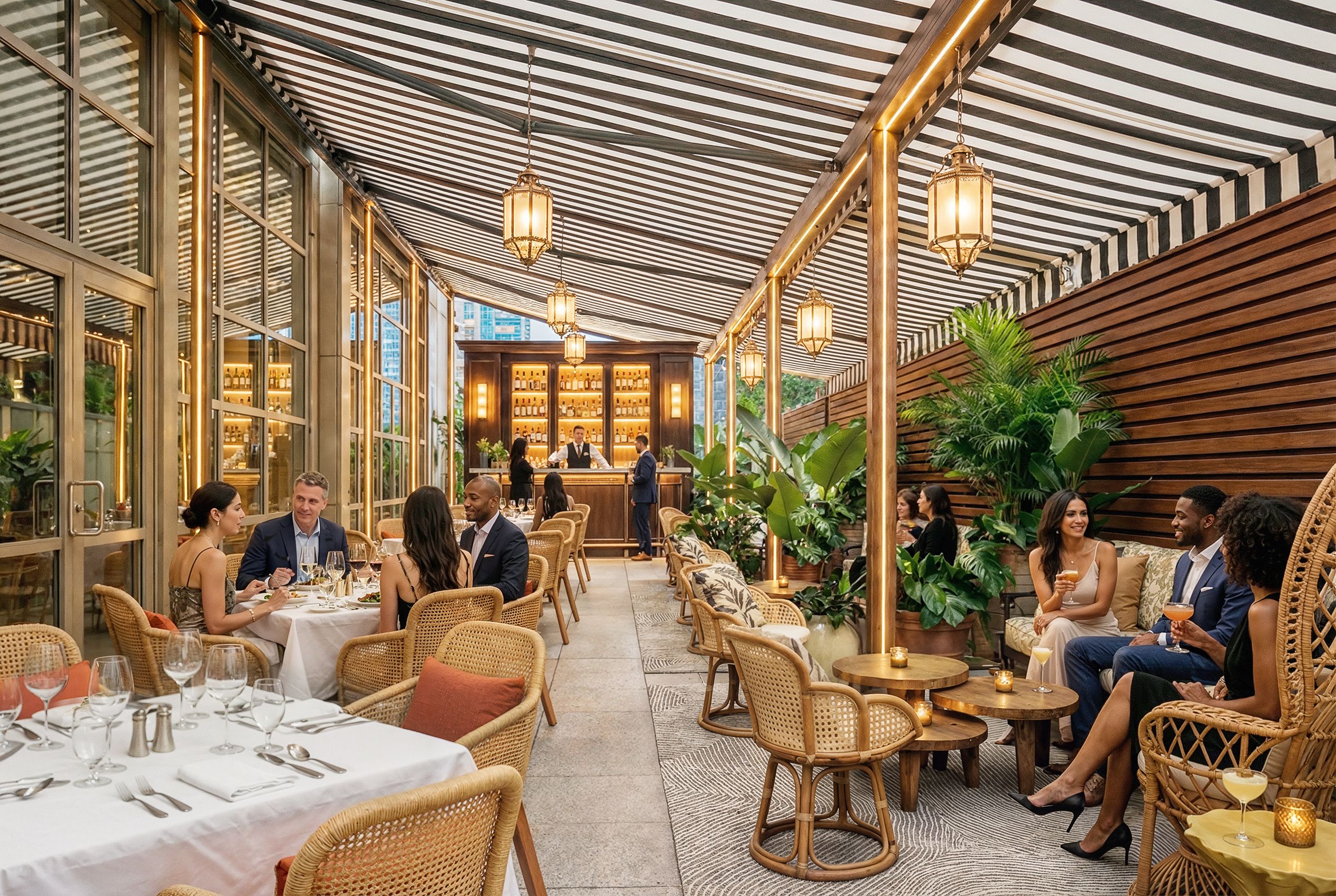 3D rendering of the outdoor dining terrace at 66 East 55th Street under a black and white striped awning, with rattan seating, lantern pendants, dense planting, and a bar at the far end.