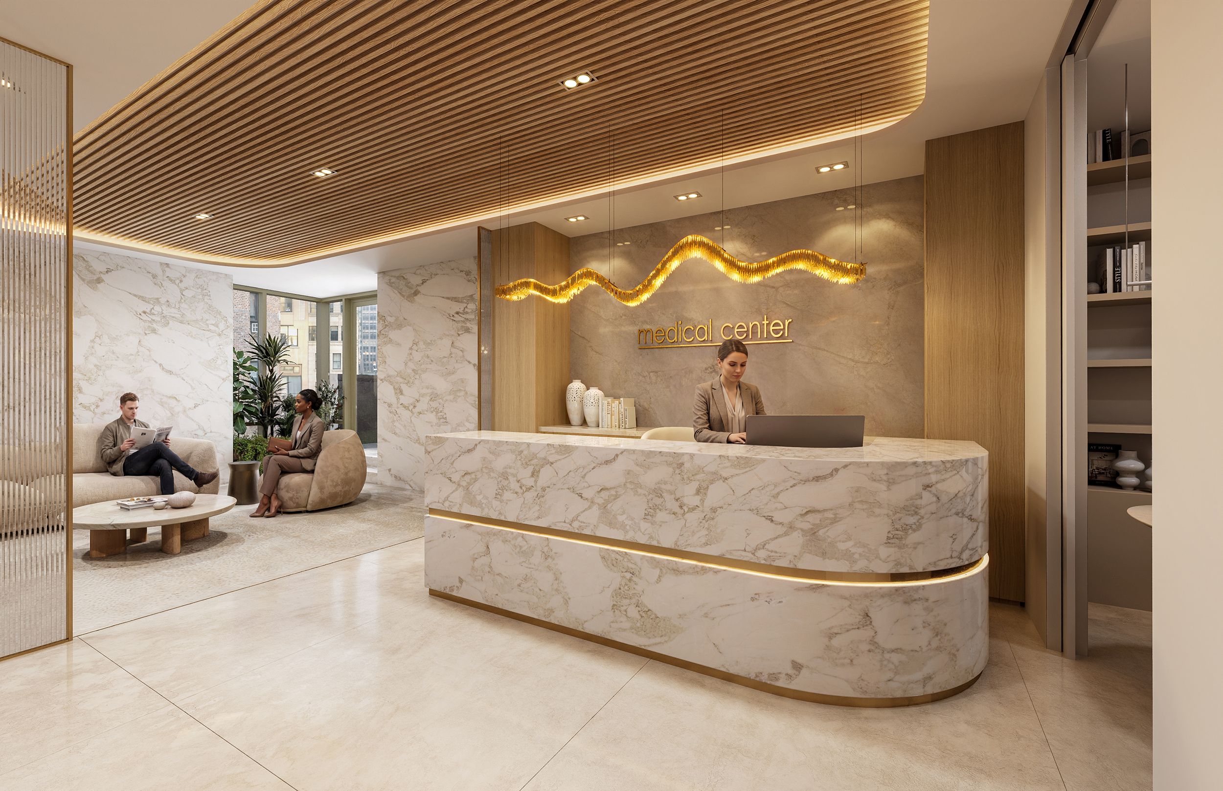 3D interior rendering of a medical office concept at 66 East 55th Street with a curved marble reception desk, gold signage reading medical center, a slatted timber ceiling, and a seating lounge by the window.
