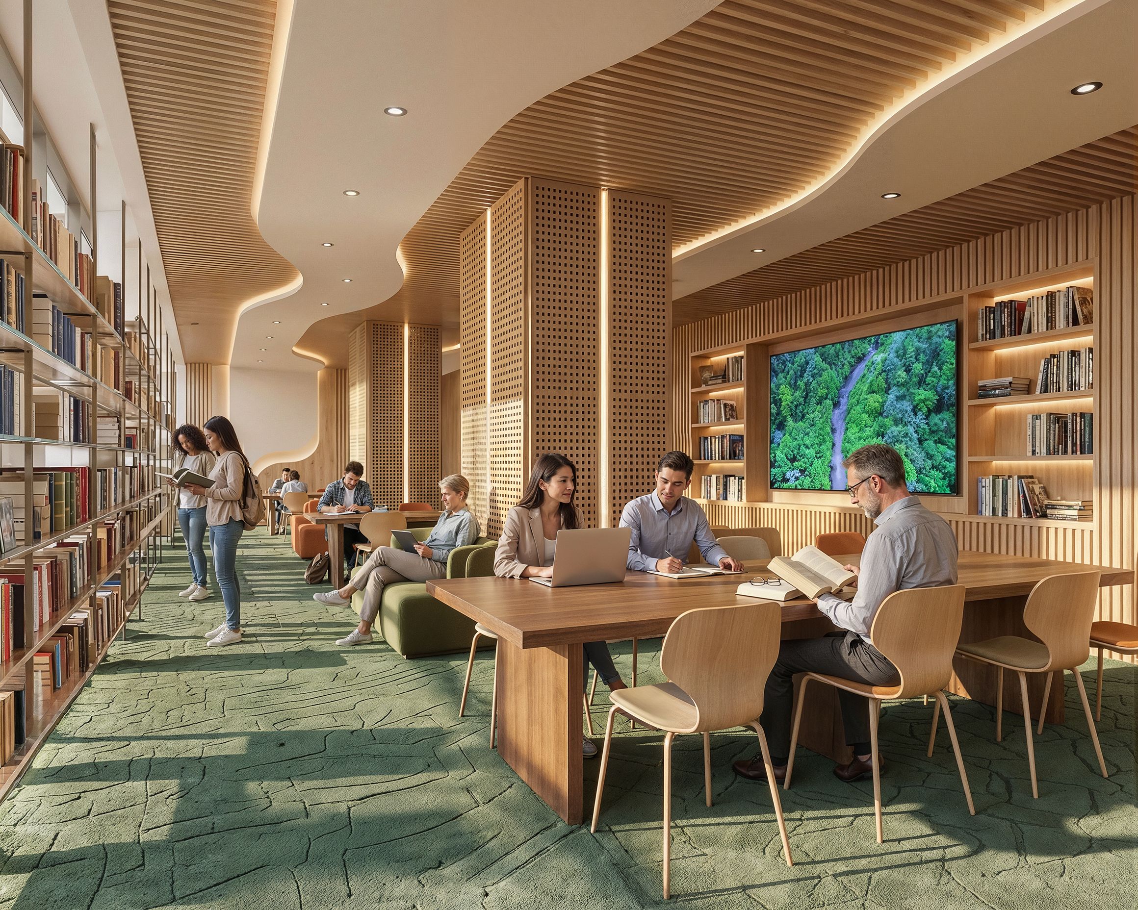 3D interior rendering of an education concept at 66 East 55th Street with a full-height bookshelf wall along the windows, a sculpted timber ceiling, students reading at tables, and a green stone-patterned carpet.