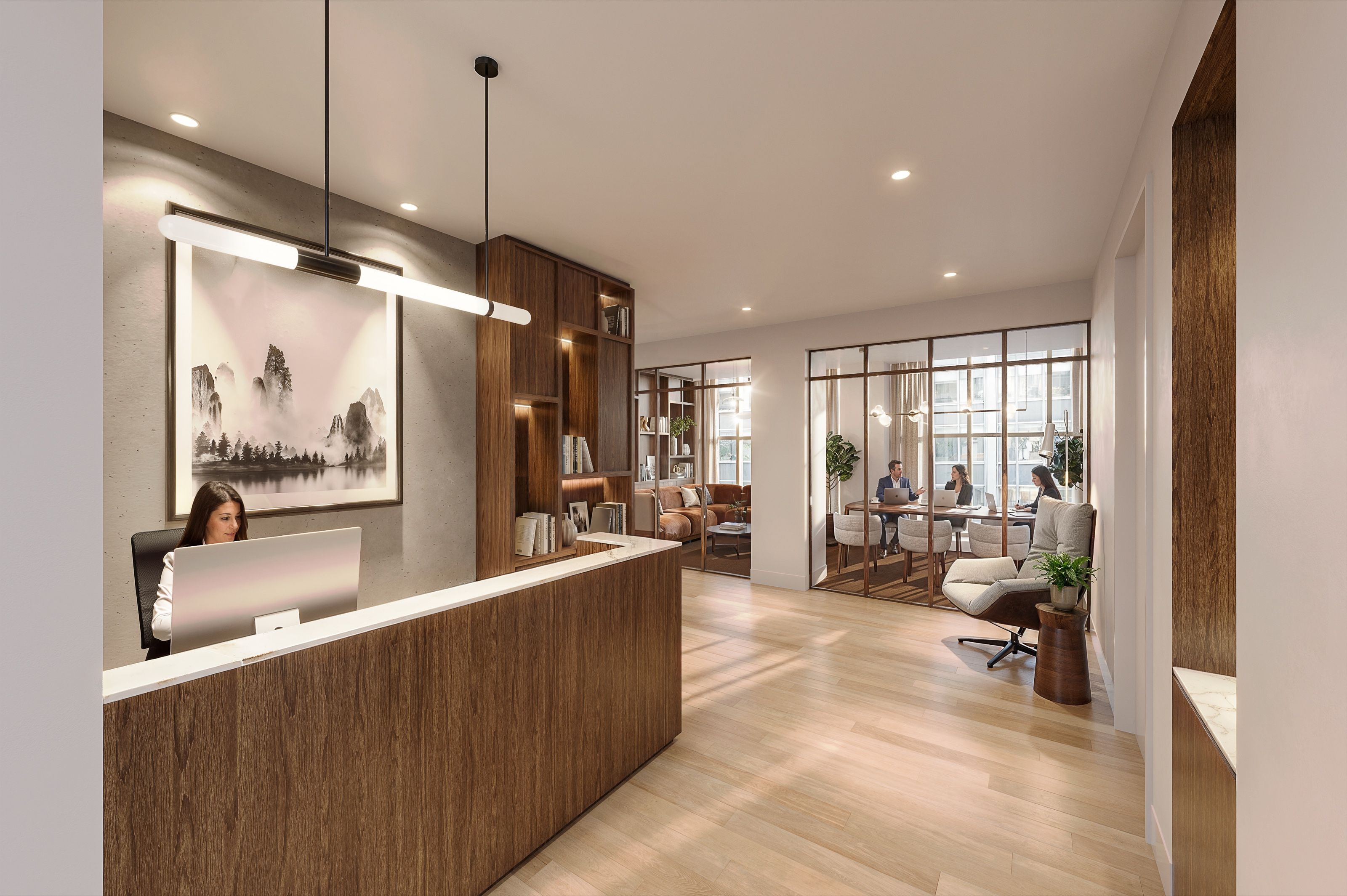 3D interior rendering of a luxury office concept at 66 East 55th Street with a walnut reception desk, bronze-framed glass partitions, a conference room in session, and pale oak floors.