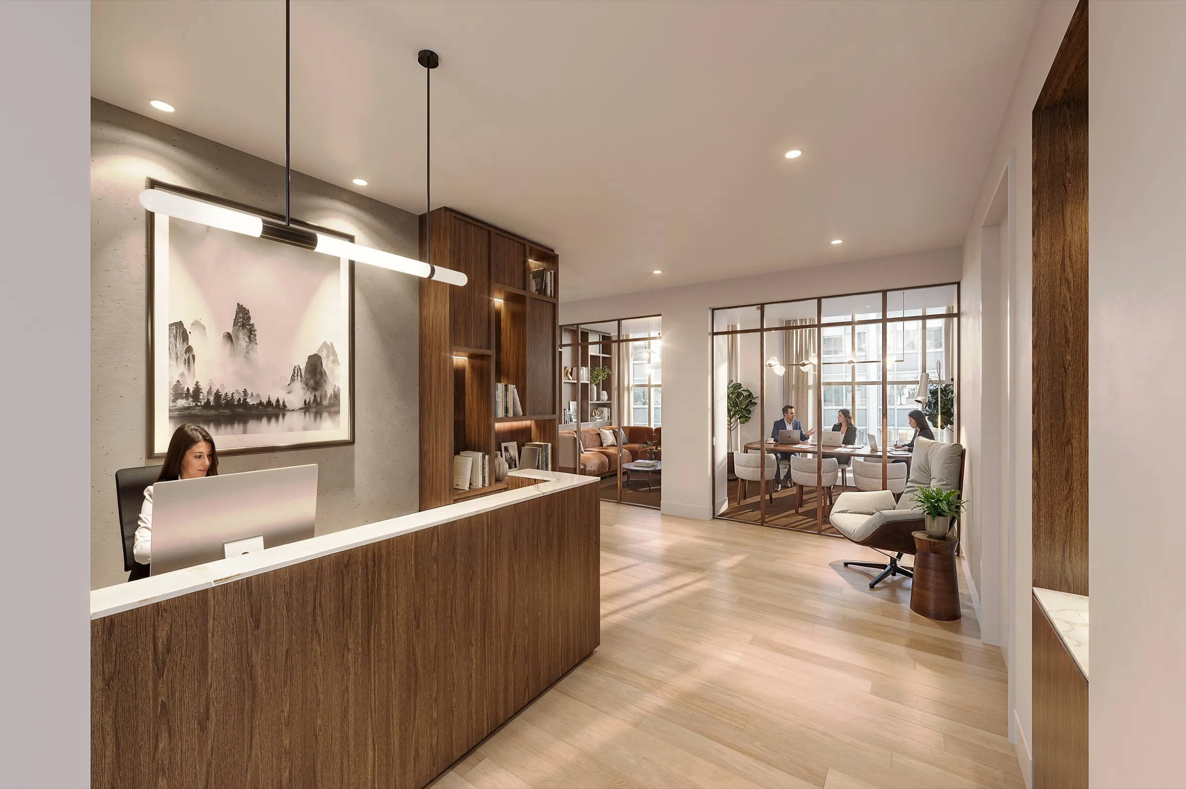 3D interior rendering of a luxury office concept at 66 East 55th Street with a walnut reception desk, bronze-framed glass partitions, a conference room in session, and pale oak floors.