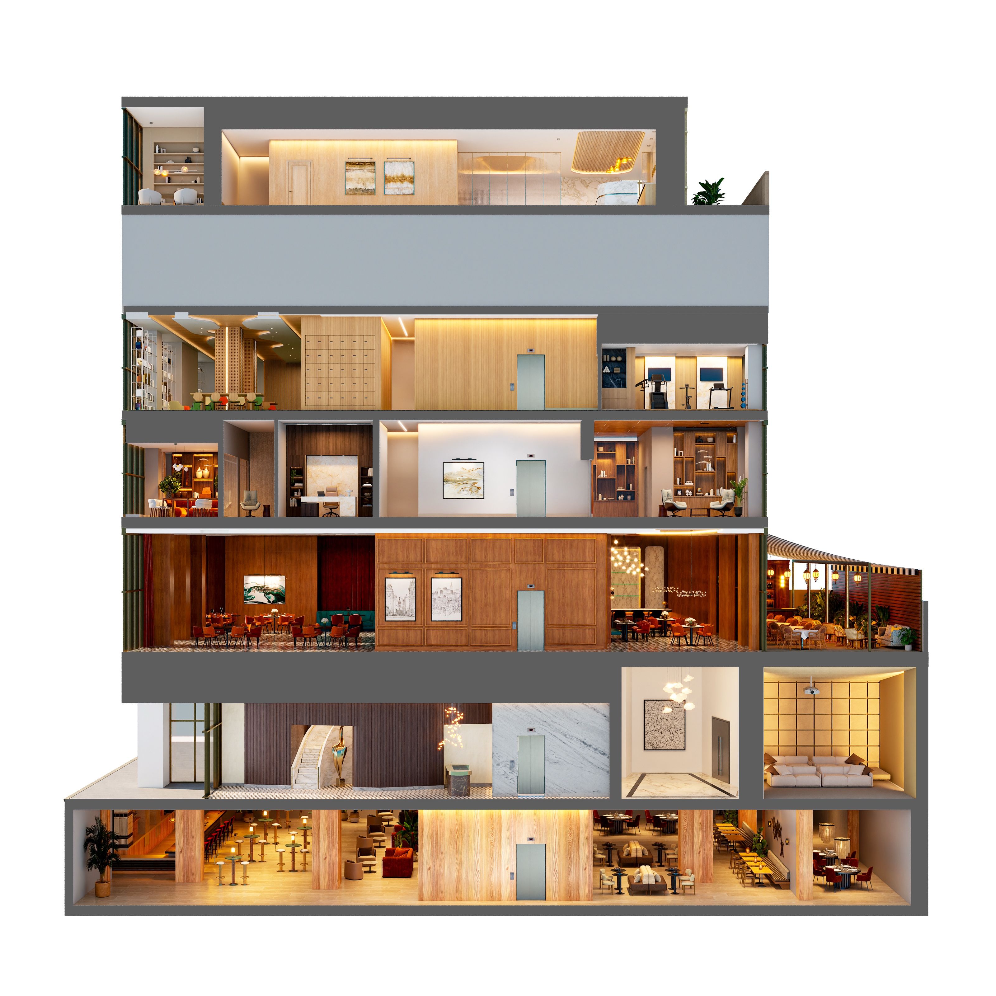 Dollhouse cutaway rendering of 66 East 55th Street showing all six floors furnished as a family-office headquarters, with the mechanical fifth floor shown in gray.