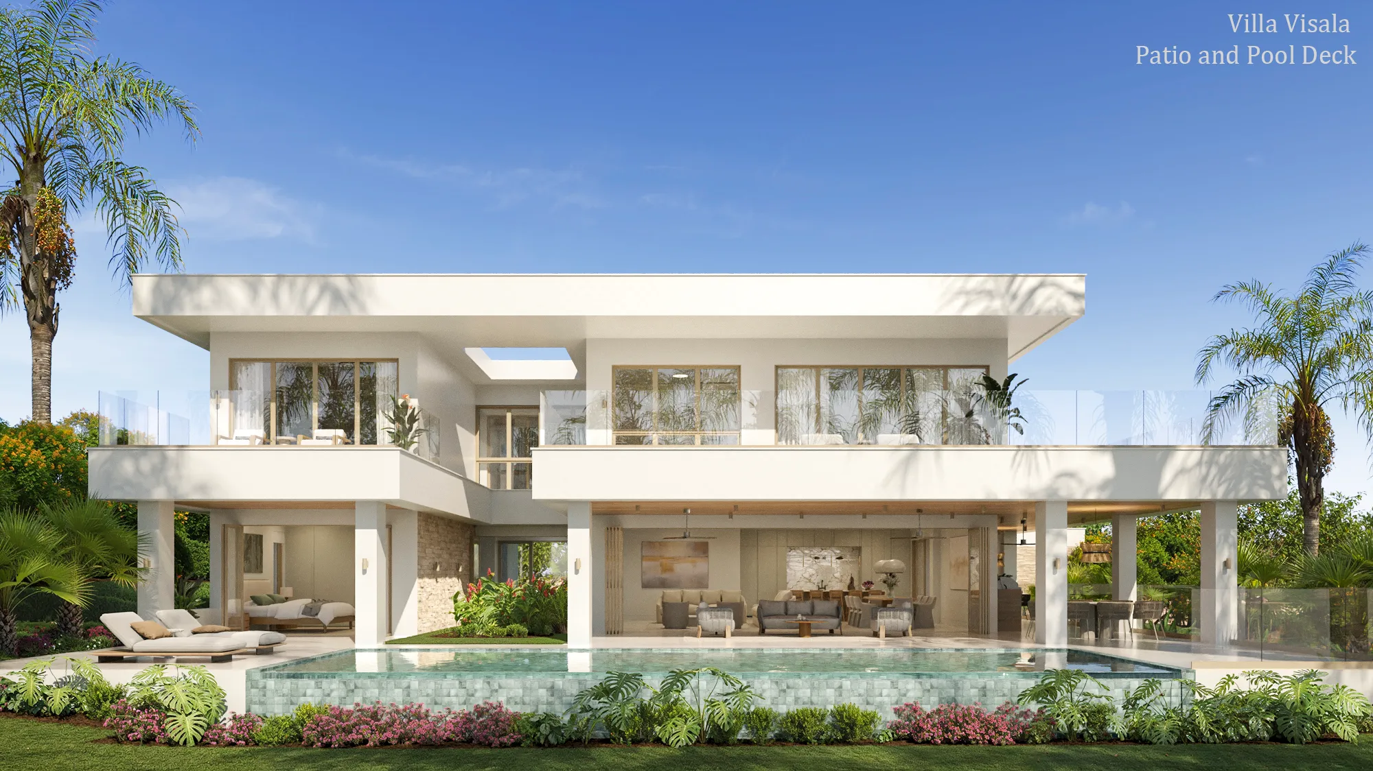Rear 3D rendering of Villa Visala, a two-story luxury golf villa at Apes Hill, St. James, Barbados, showing the pool deck and covered living terrace, created for off-plan pre-sales marketing.
