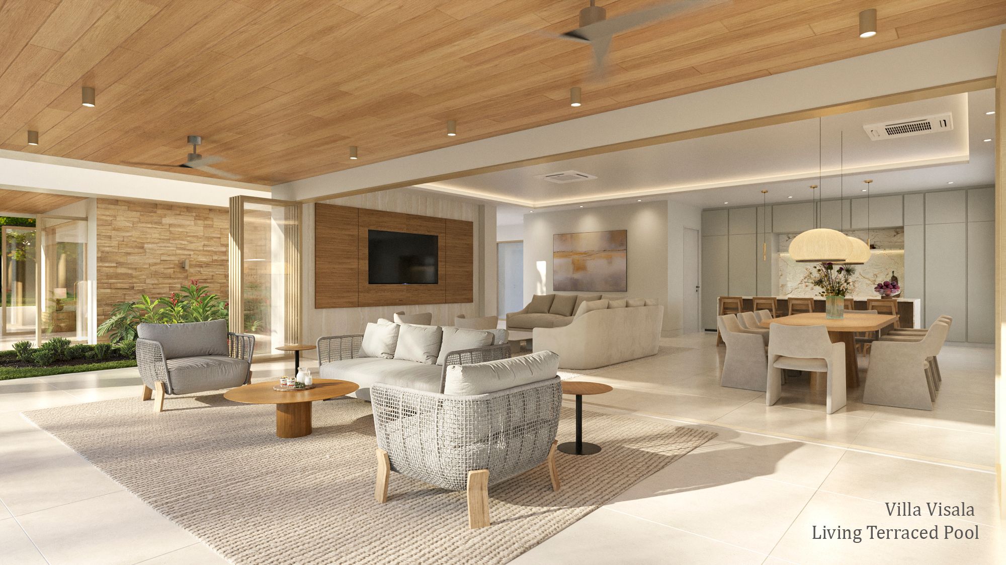 Interior 3D rendering of the Villa Visala open-plan living area with a warm tongue-and-groove timber ceiling, wall-mounted television, woven lounge seating, and an open transition to the dining room and pool terrace.