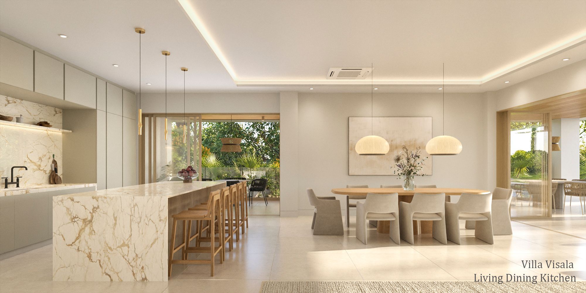 Interior 3D rendering of the Villa Visala kitchen and dining space with a veined marble island, warm-white cove lighting, pendant lamps over an oval dining table, and sliding doors opening to the garden.