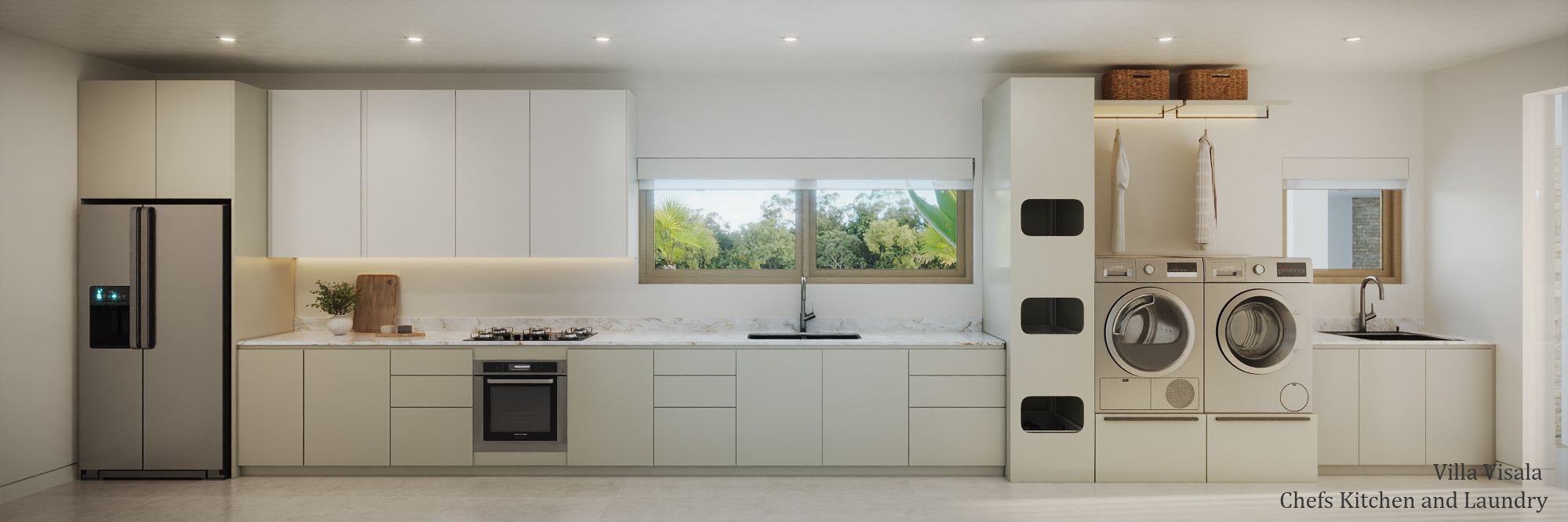 Interior 3D rendering of the Villa Visala chef's kitchen and adjoining laundry, showing a run of pale cabinetry with a marble worktop, integrated oven and gas hob, a stainless refrigerator, and a side-by-side washer and dryer.