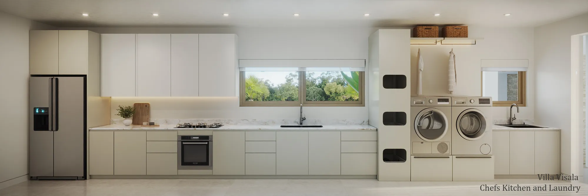 Interior 3D rendering of the Villa Visala chef's kitchen and adjoining laundry, showing a run of pale cabinetry with a marble worktop, integrated oven and gas hob, a stainless refrigerator, and a side-by-side washer and dryer.
