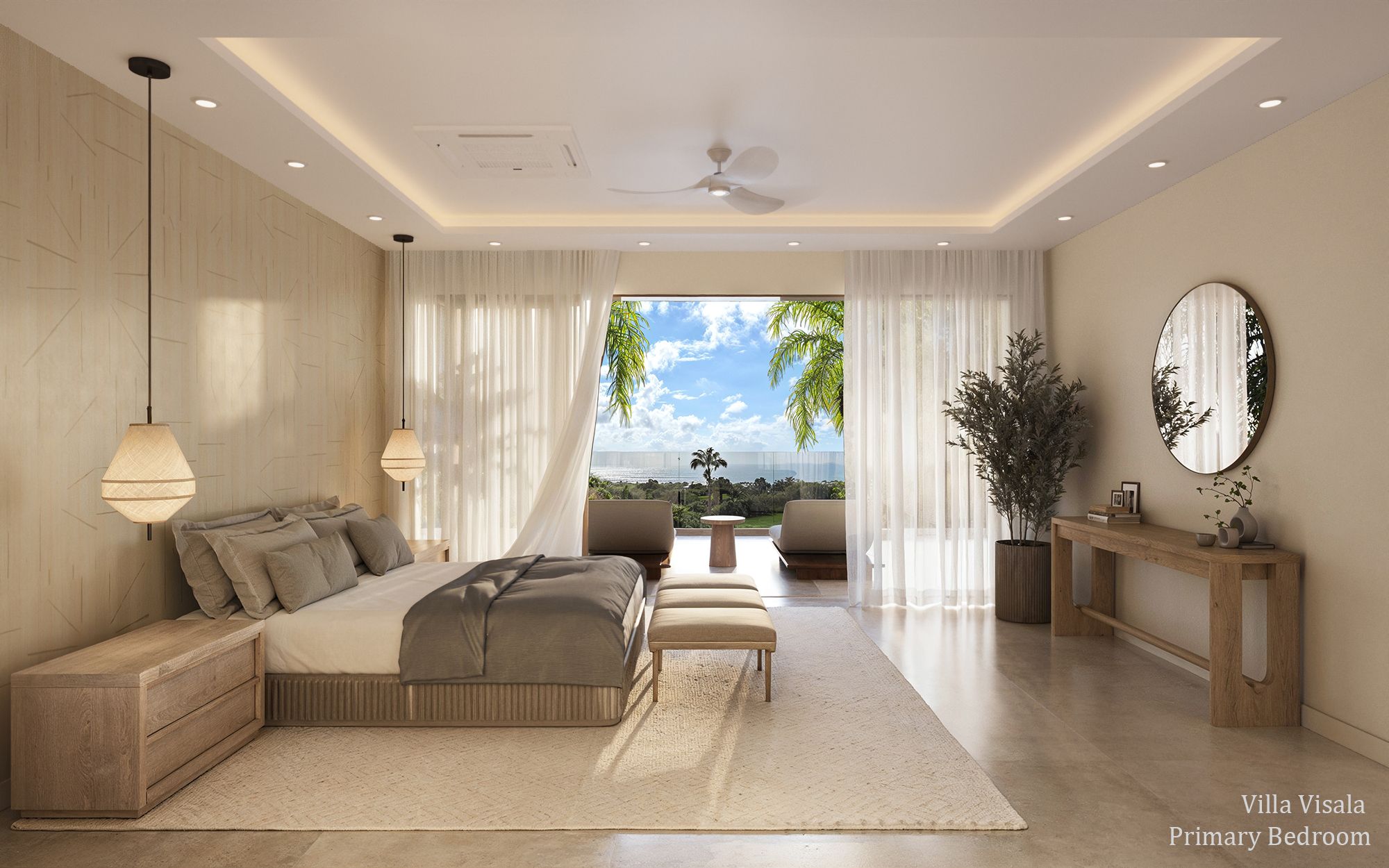 Interior 3D rendering of the Villa Visala primary bedroom with sheer drapery framing a full ocean view through palms, a cove-lit tray ceiling, timber wall paneling, and a neutral upholstered bed.