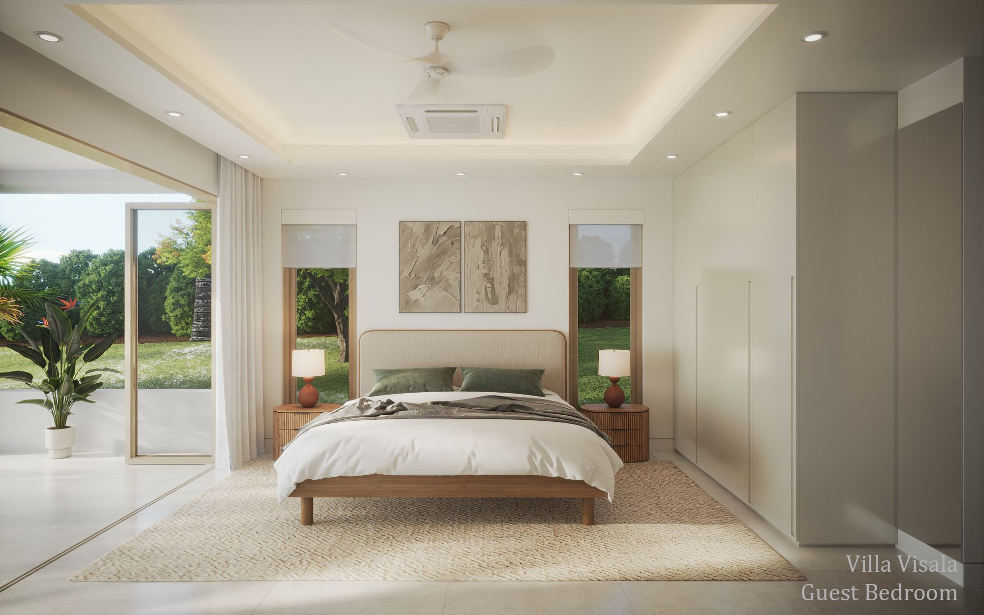 Interior 3D rendering of a Villa Visala guest bedroom with a timber bed framed by two windows and matching nightstands, a tray ceiling with a ceiling fan, fitted wardrobes, and sliding glass doors to the garden.