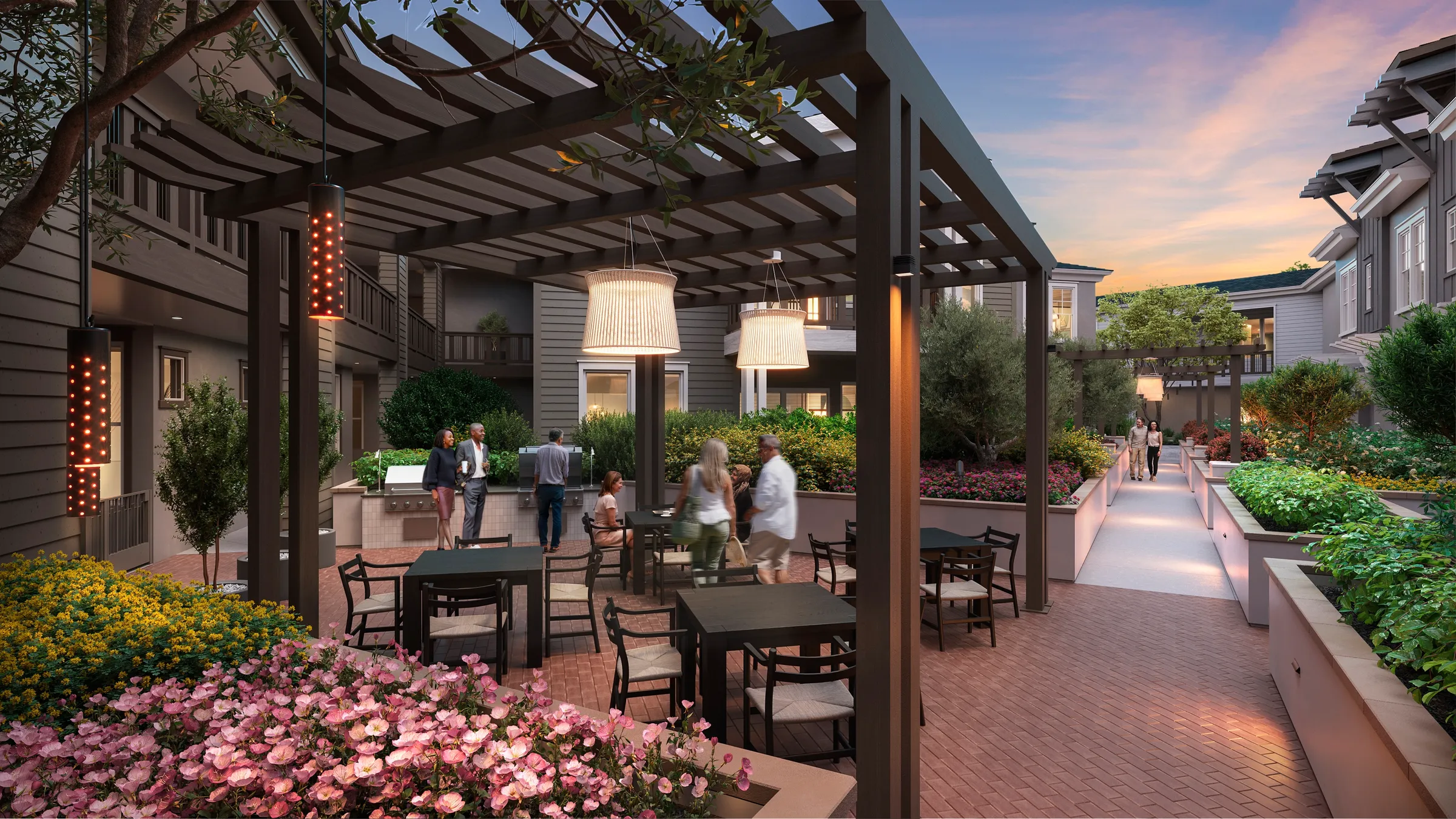 3D rendering of a pergola-covered courtyard barbecue and dining area at dusk at 600 Hartz Avenue in Danville, with grills, cafe tables, and flowering planters.