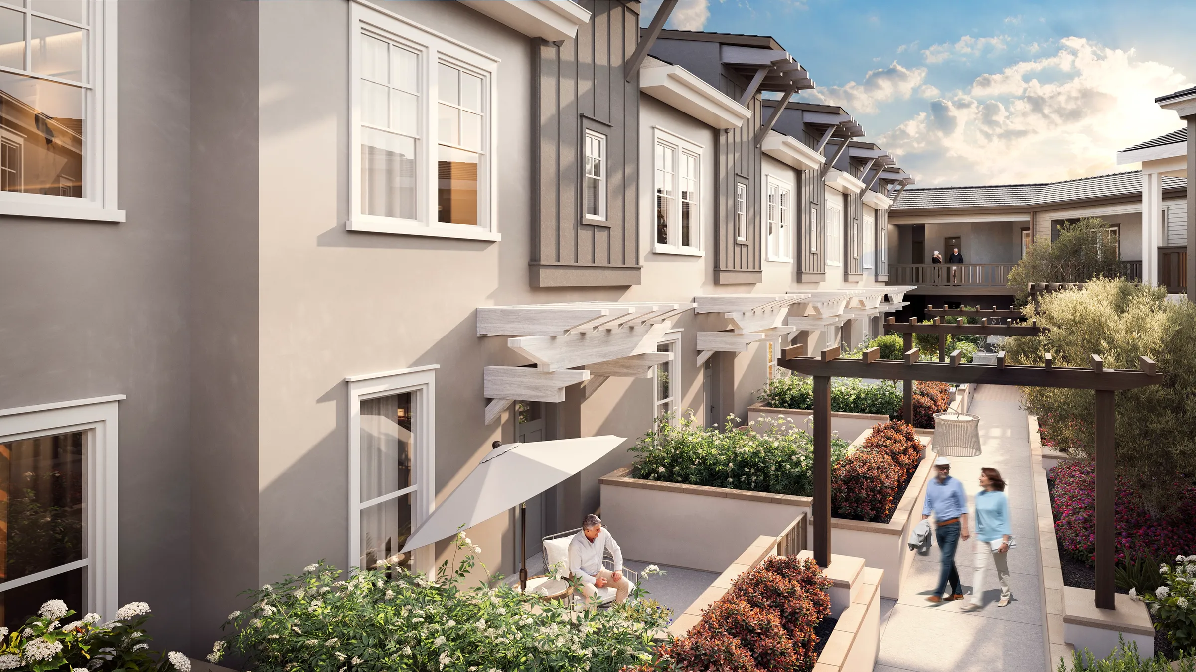 3D rendering of a landscaped courtyard walkway at 600 Hartz Avenue in Danville, between residences with planter beds, pergolas, and a private patio with an umbrella.