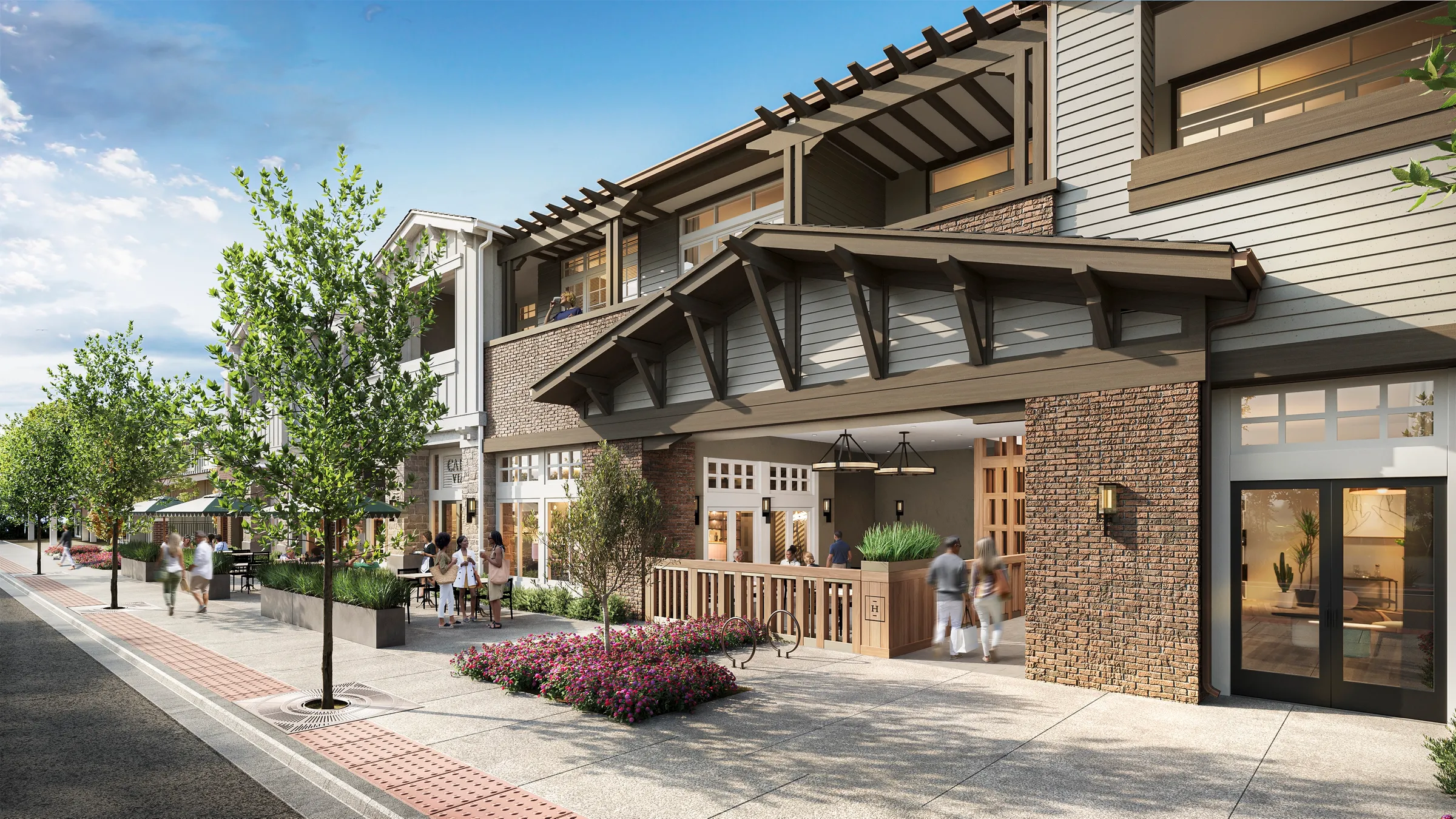3D rendering of the retail frontage at 600 Hartz Avenue in Danville, a sidewalk-level view with timber awnings, brick detailing, outdoor cafe seating, and people walking past.