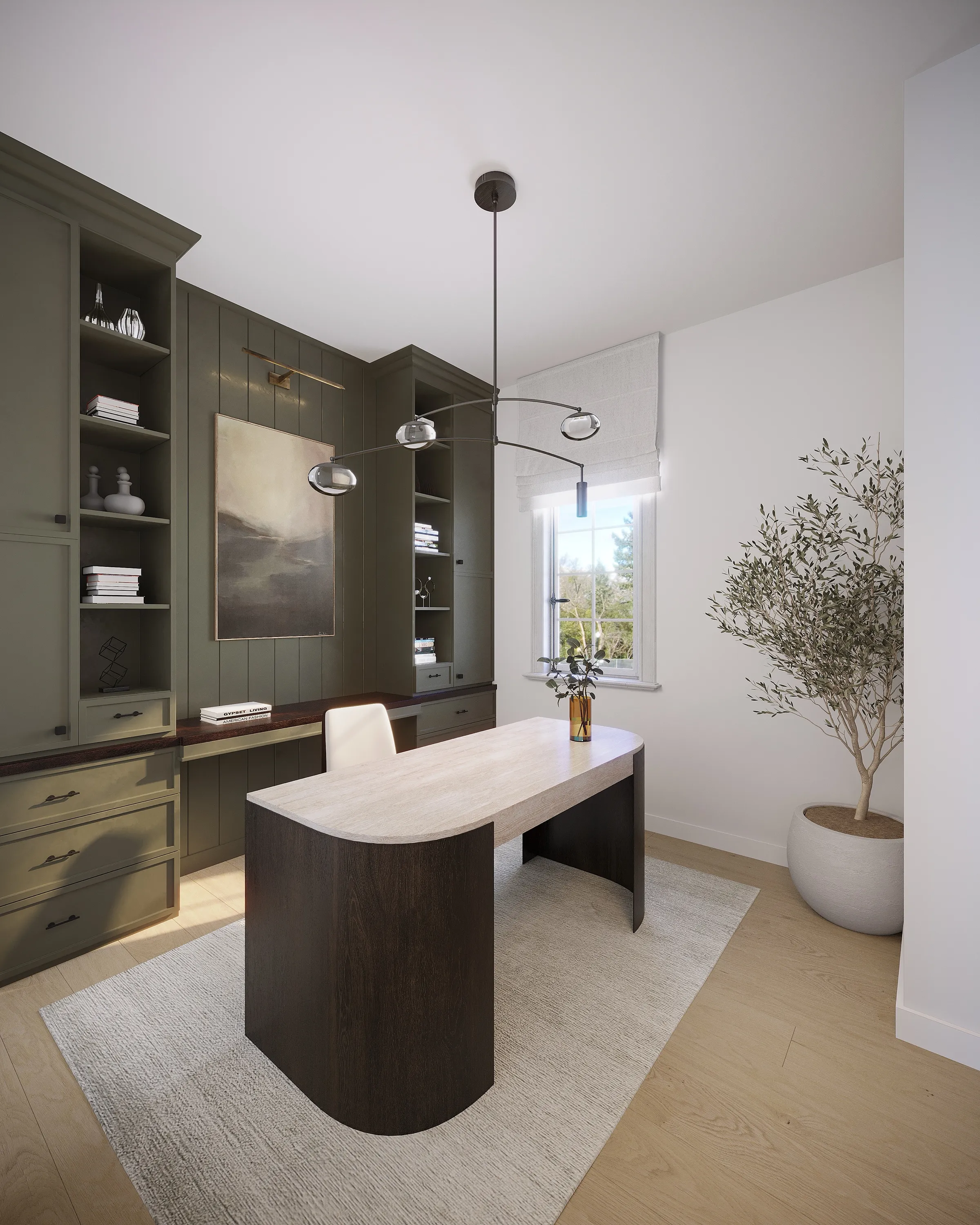 3D rendering of a Unit C home office at 600 Hartz Avenue in Danville, with green built-in cabinetry, a curved wood desk, and an olive tree by the window.