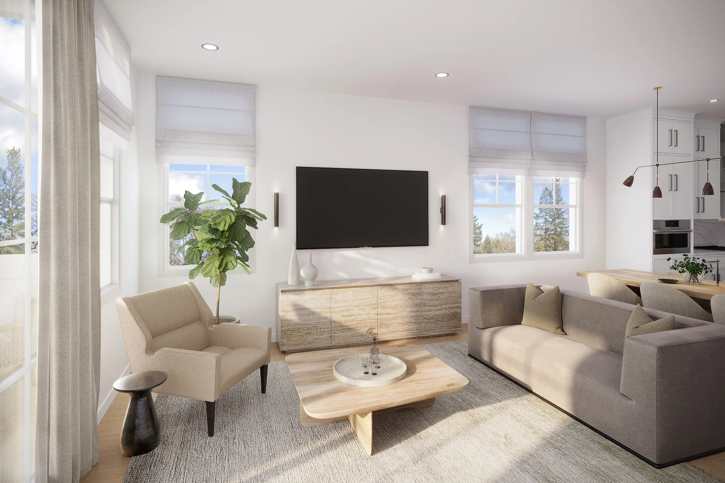 3D rendering of a Unit C living room at 600 Hartz Avenue in Danville, with a wall-mounted television, a neutral sofa and armchair, and a view through to the adjoining kitchen.