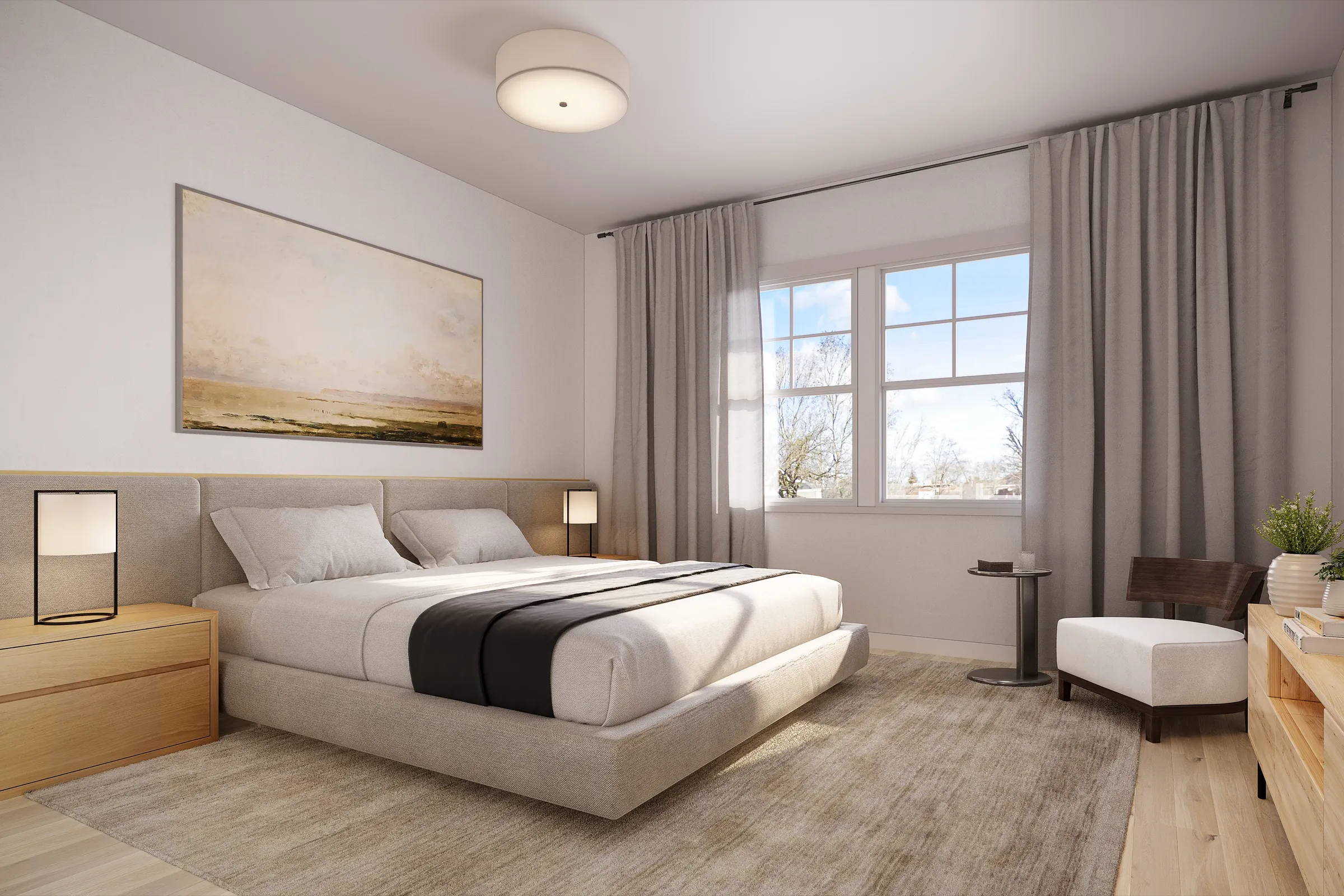 3D rendering of a Unit C primary bedroom at 600 Hartz Avenue in Danville, with an upholstered bed, framed landscape art, a wide window, and a reading chair.