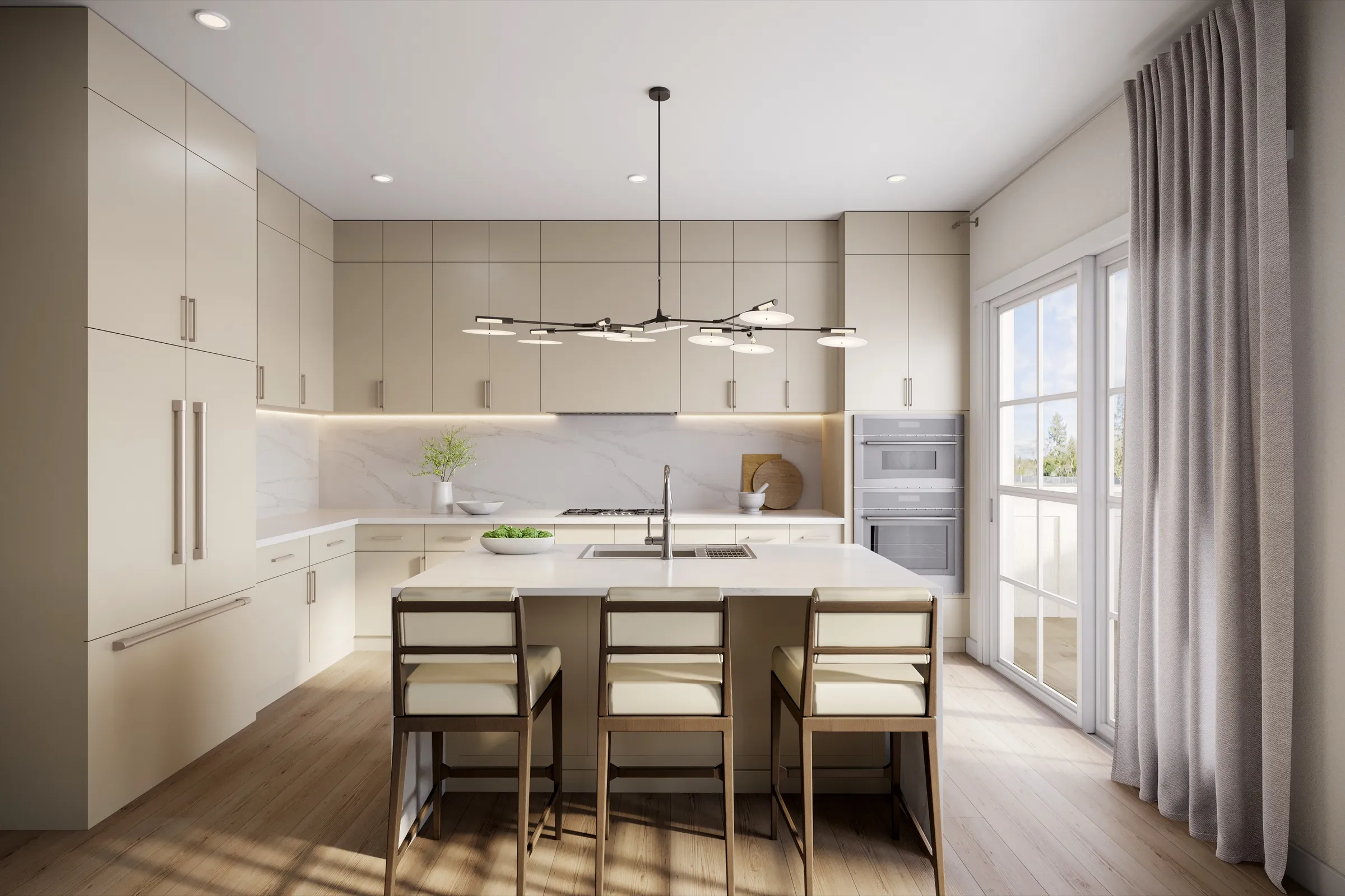 3D rendering of a Unit J1 kitchen at 600 Hartz Avenue in Danville, with cream cabinetry, a marble backsplash, a central island with seating, and a sculptural linear chandelier.