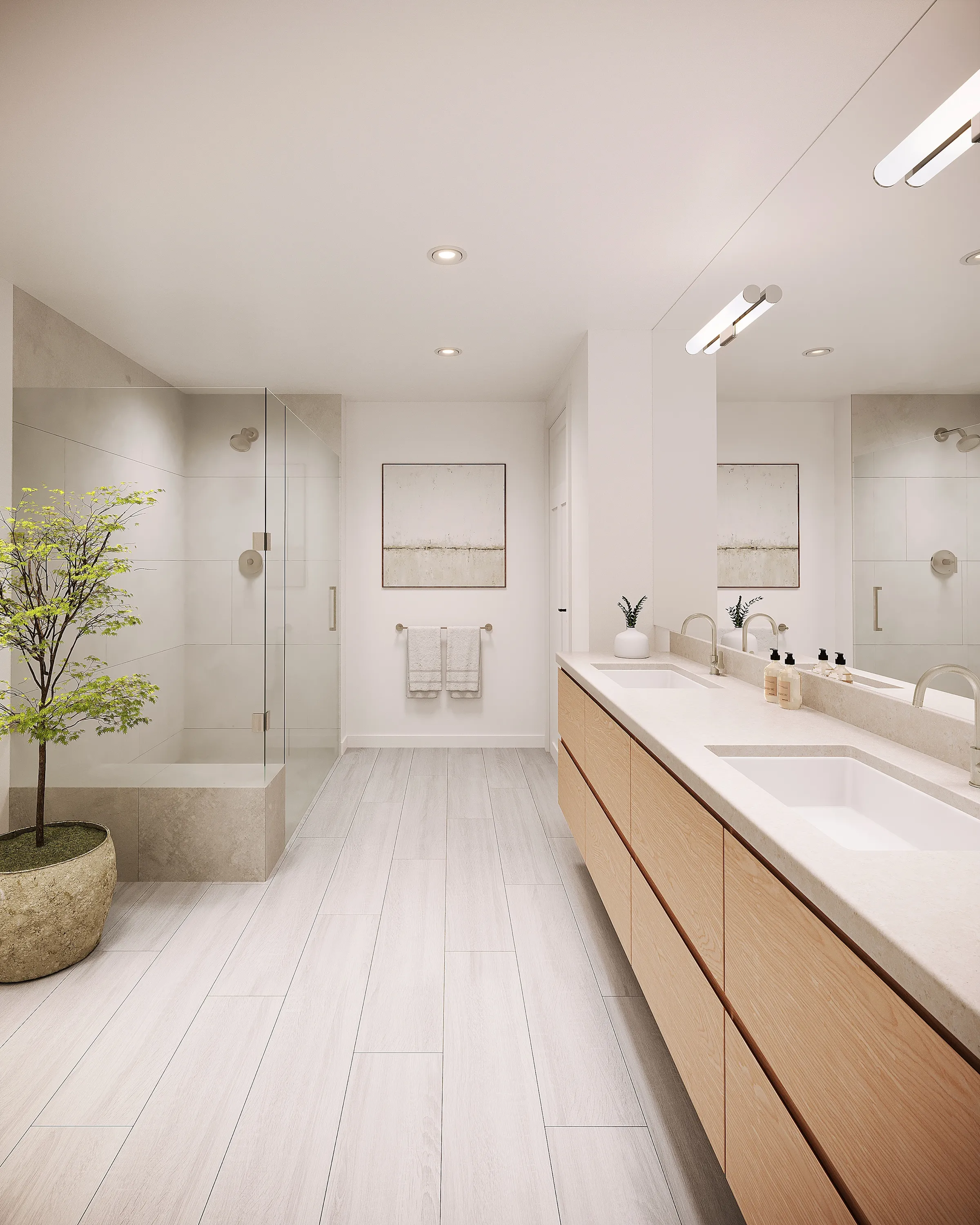 3D rendering of a Unit J1 primary bathroom at 600 Hartz Avenue in Danville, with a floating wood double vanity, a walk-in glass shower, and light stone tile.