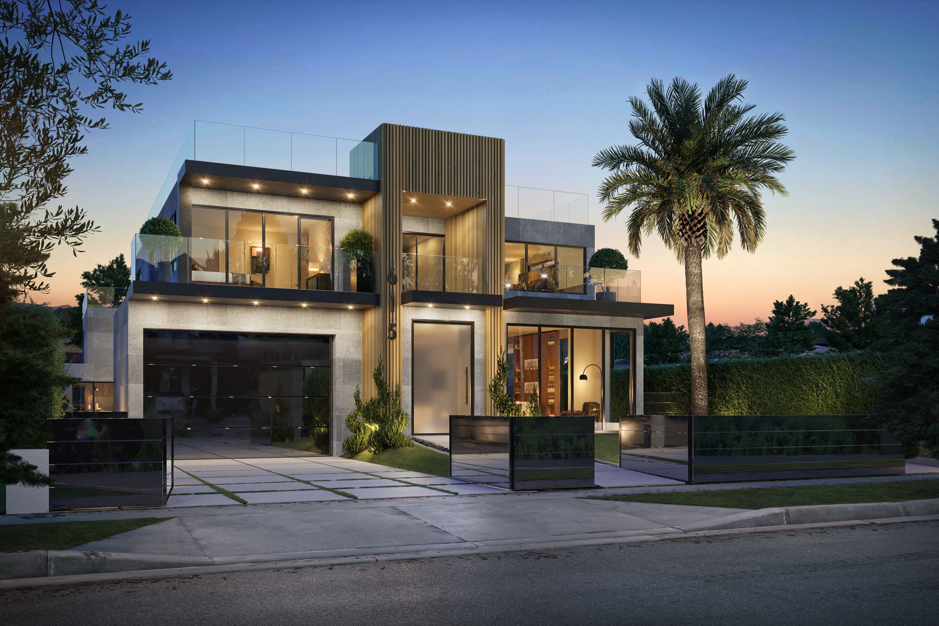 Twilight 3D rendering of Serenity, a transitional coastal farmhouse at 615 23rd Street in Santa Monica, in stone and wood cladding with glass-railed balconies and warm interior lighting.