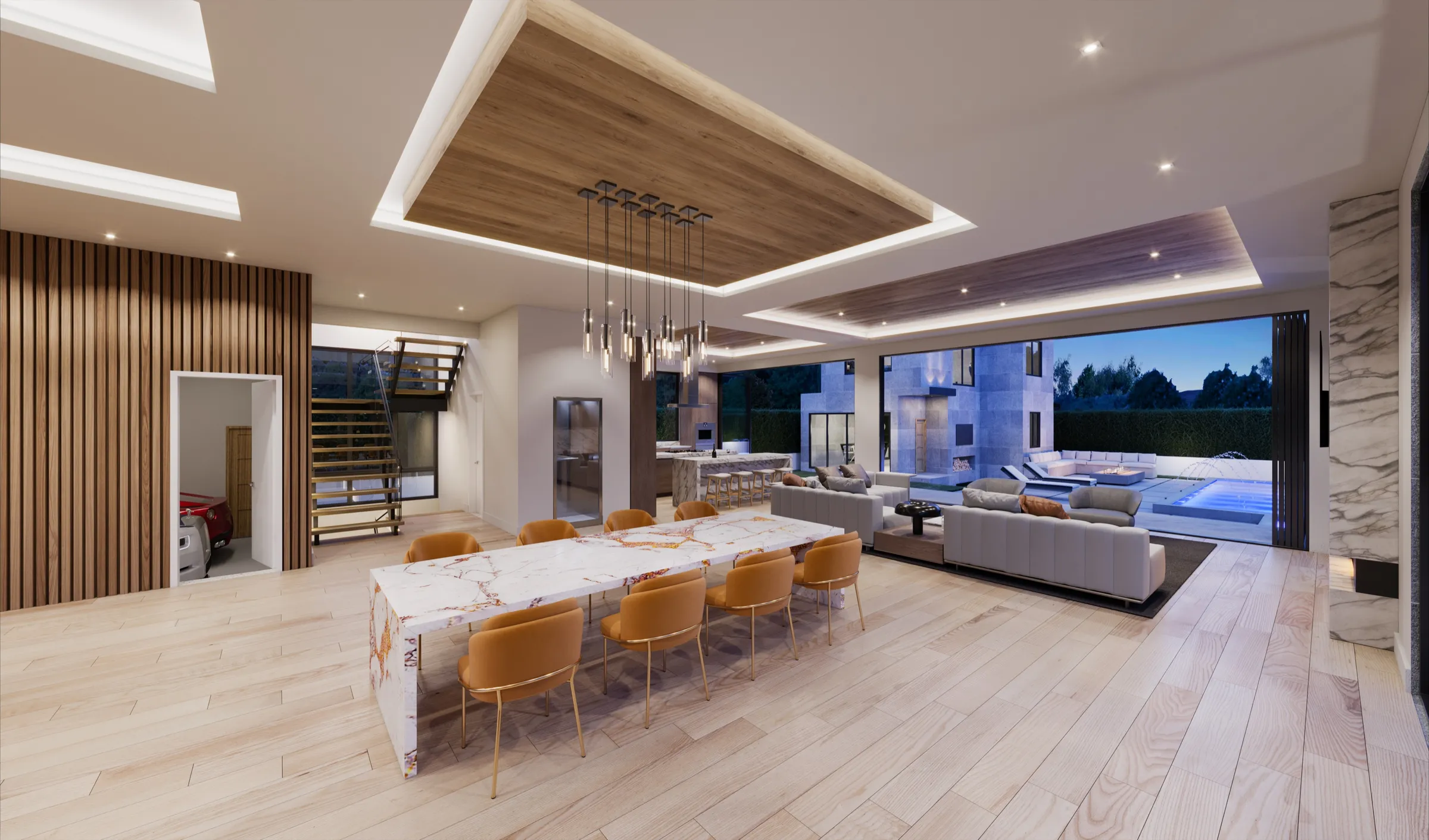 Dusk 3D rendering of the Serenity dining and living area, with a marble waterfall table and tan upholstered chairs beneath a wood ceiling panel and a cluster of pendant lights, opening through glass walls to the living room and pool beyond