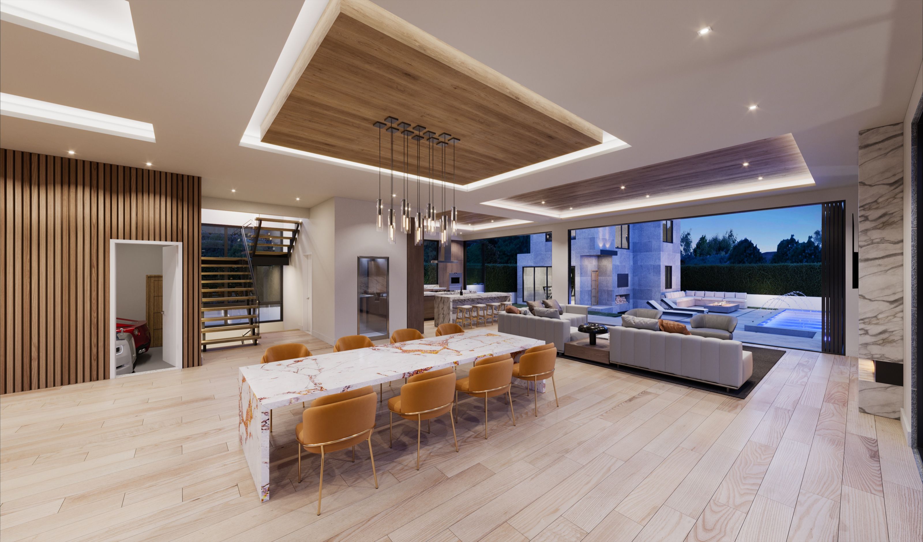 Dusk 3D rendering of the Serenity dining and living area, with a marble waterfall table and tan upholstered chairs beneath a wood ceiling panel and a cluster of pendant lights, opening through glass walls to the living room and pool beyond