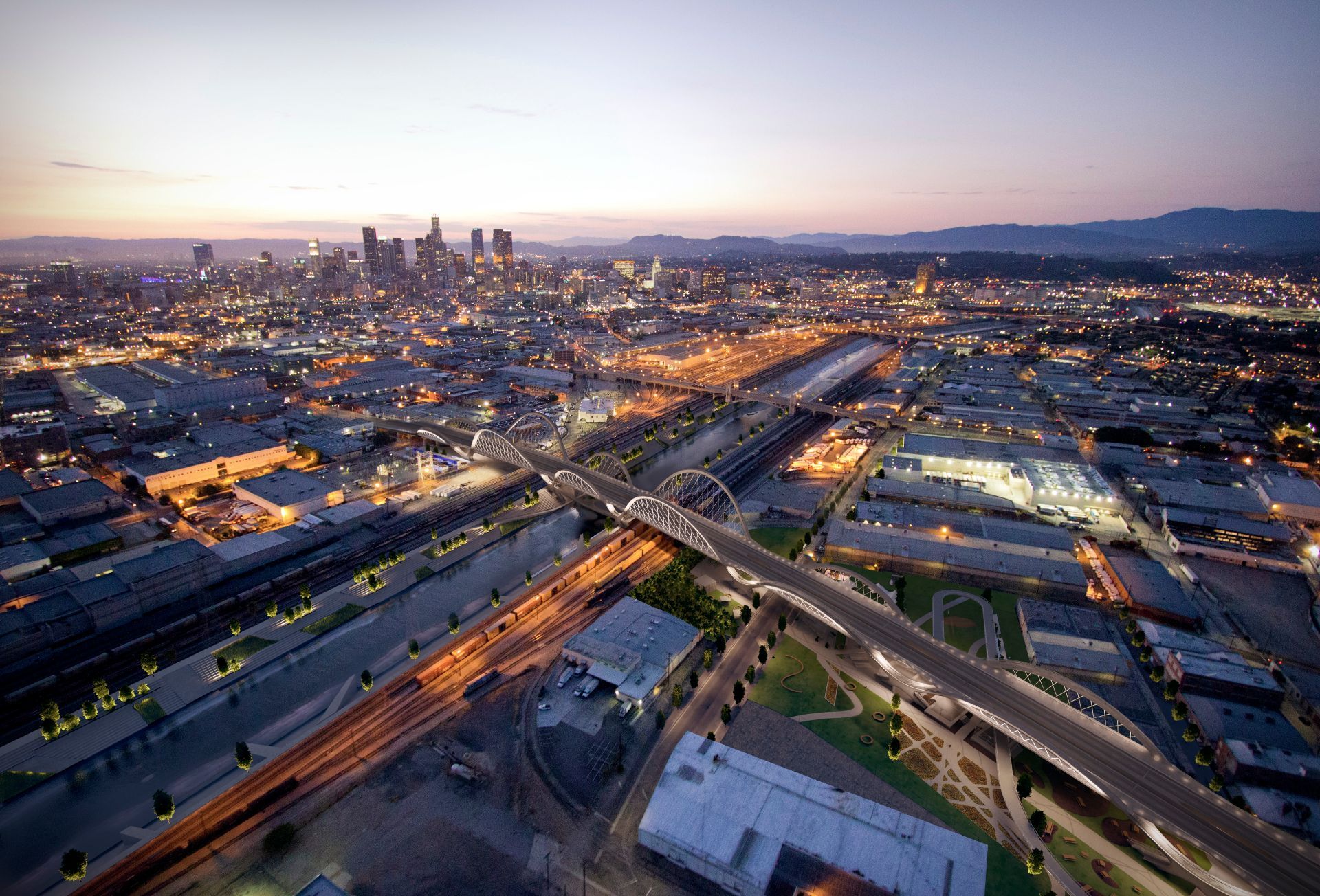 Aerial 3D rendering of the Sixth Street Viaduct at dusk, its lit arches threading across the industrial flats and rail yards between the Downtown Los Angeles skyline and Boyle Heights.
