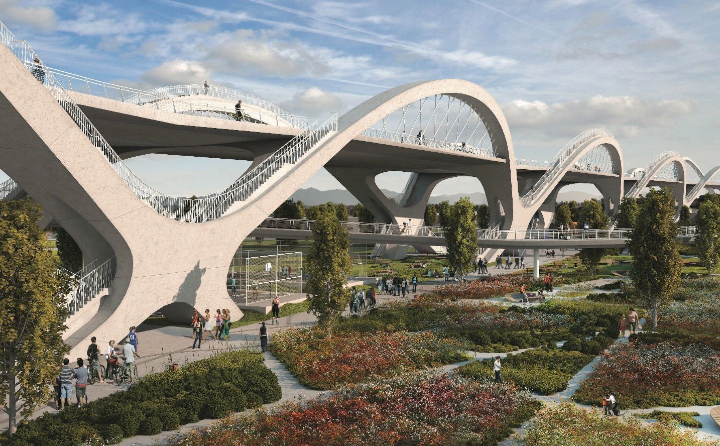 3D rendering of the public space beneath the Sixth Street Viaduct, with the sculptural arches rising above terraced gardens, planted paths, stairs, and people gathering in the new riverside park.