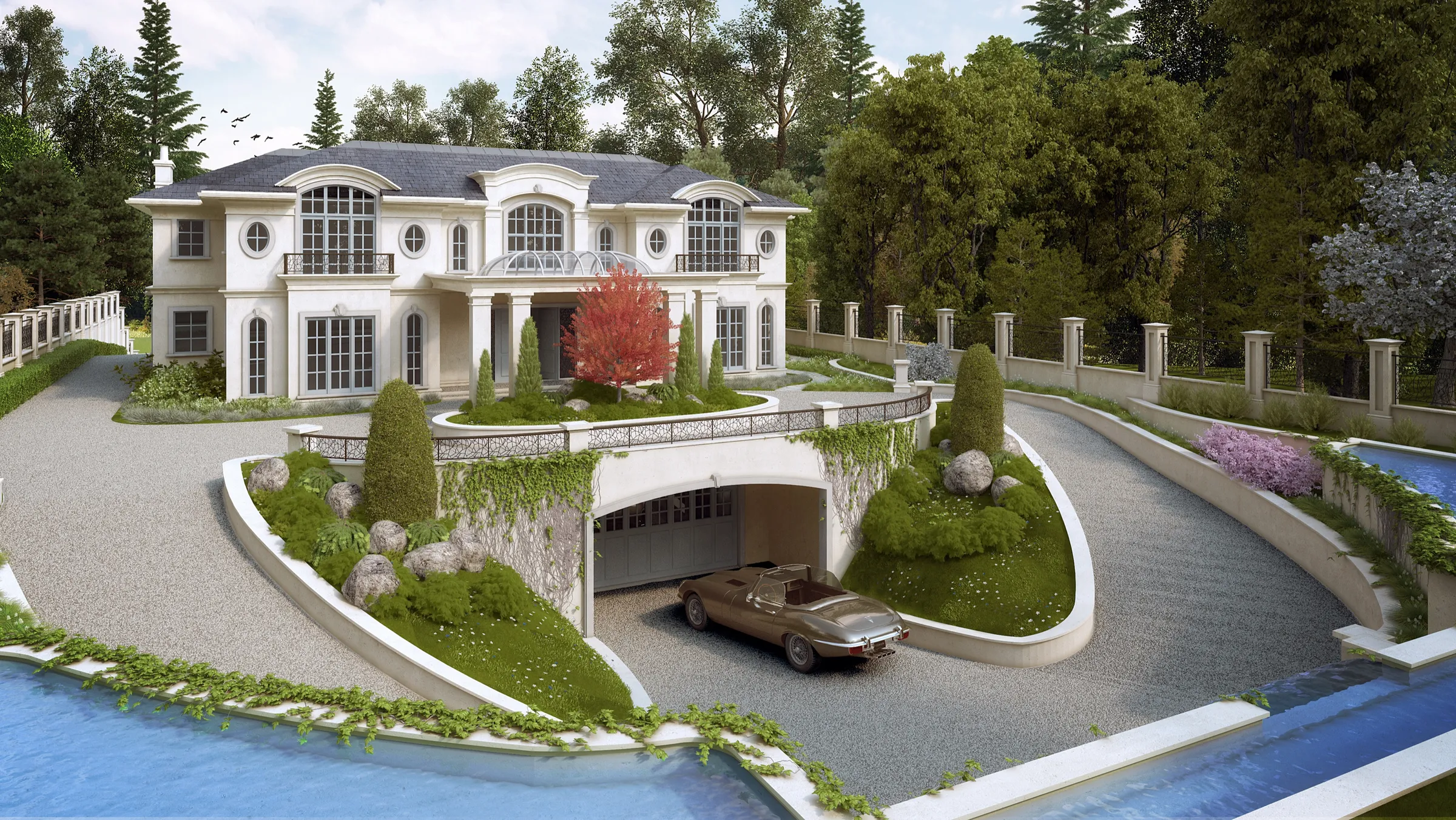 Photorealistic 3D rendering by NoTriangle Studio of the front of 725 Eyremount Drive, West Vancouver, a cream French neoclassical house above a curving gravel motor court, with a garage tunnel under a planted bridge, reflecting pools and a vintage roadster.