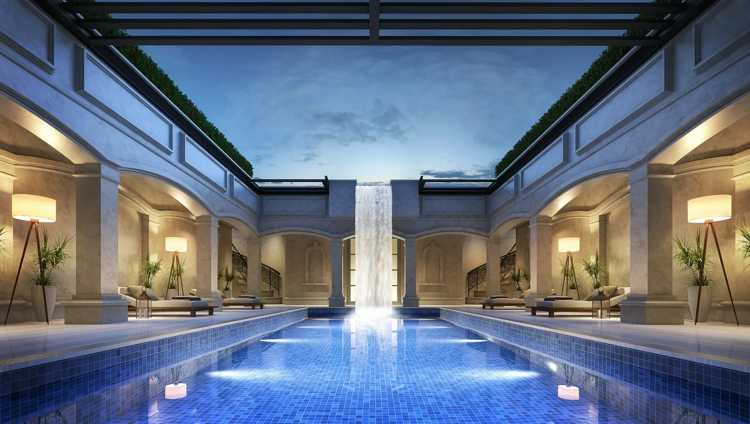 Photorealistic 3D rendering by NoTriangle Studio of the pool courtyard at 725 Eyremount Drive, West Vancouver, a long blue tiled pool framed by stone arcades, loungers and tripod lamps, with a waterfall falling from an open glass roof at dusk.