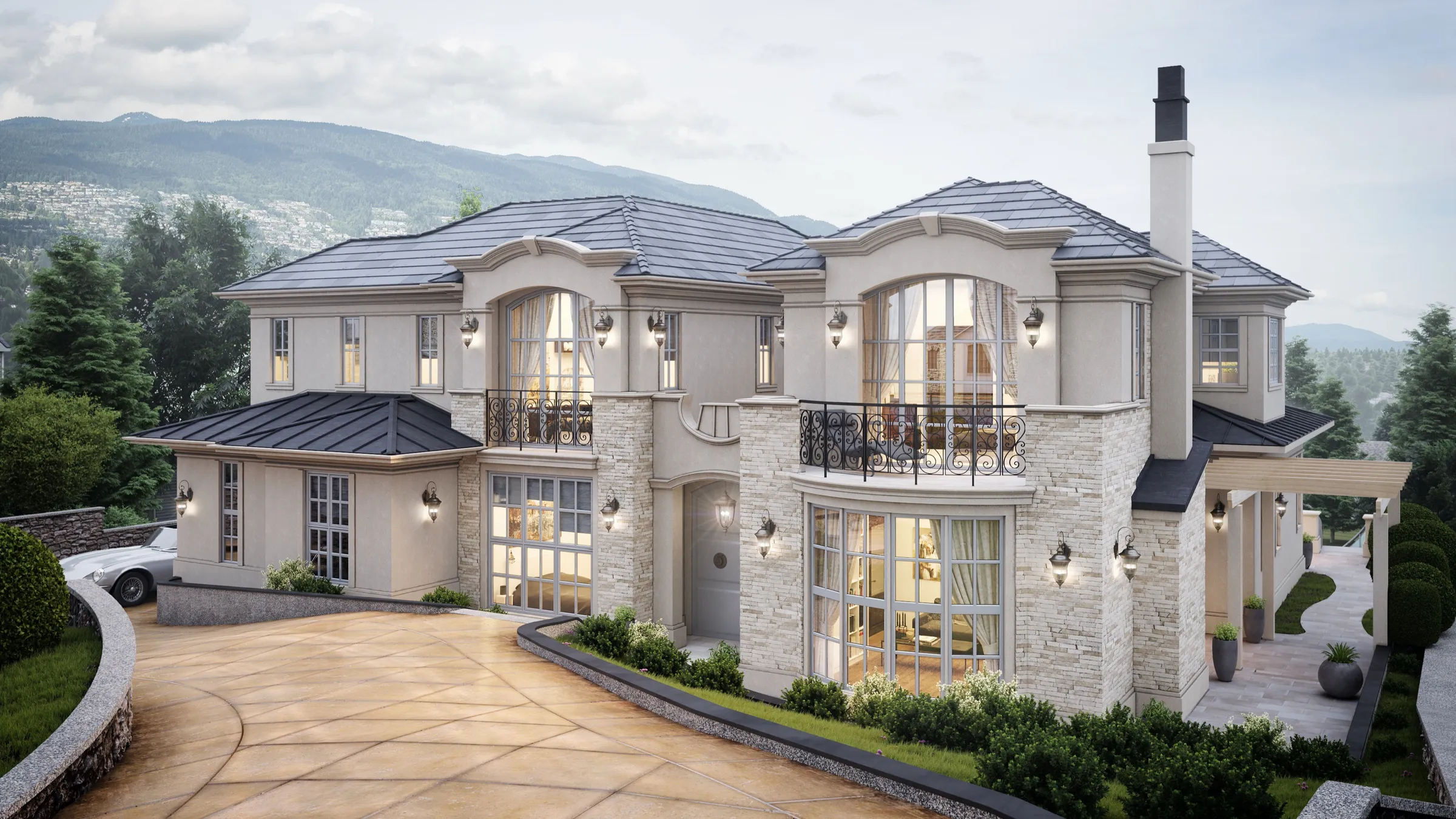 Photorealistic 3D rendering by NoTriangle Studio of 904 Groveland Road, West Vancouver, a French provincial house in stucco and stacked stone with tall arched windows, wrought iron balconies and lanterns, above a curved driveway with the North Shore mountains behind.