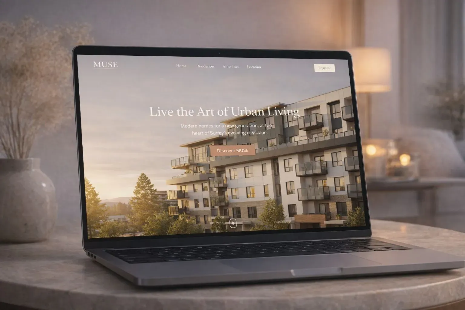 MUSE Surrey condo marketing website, 3D exterior rendering