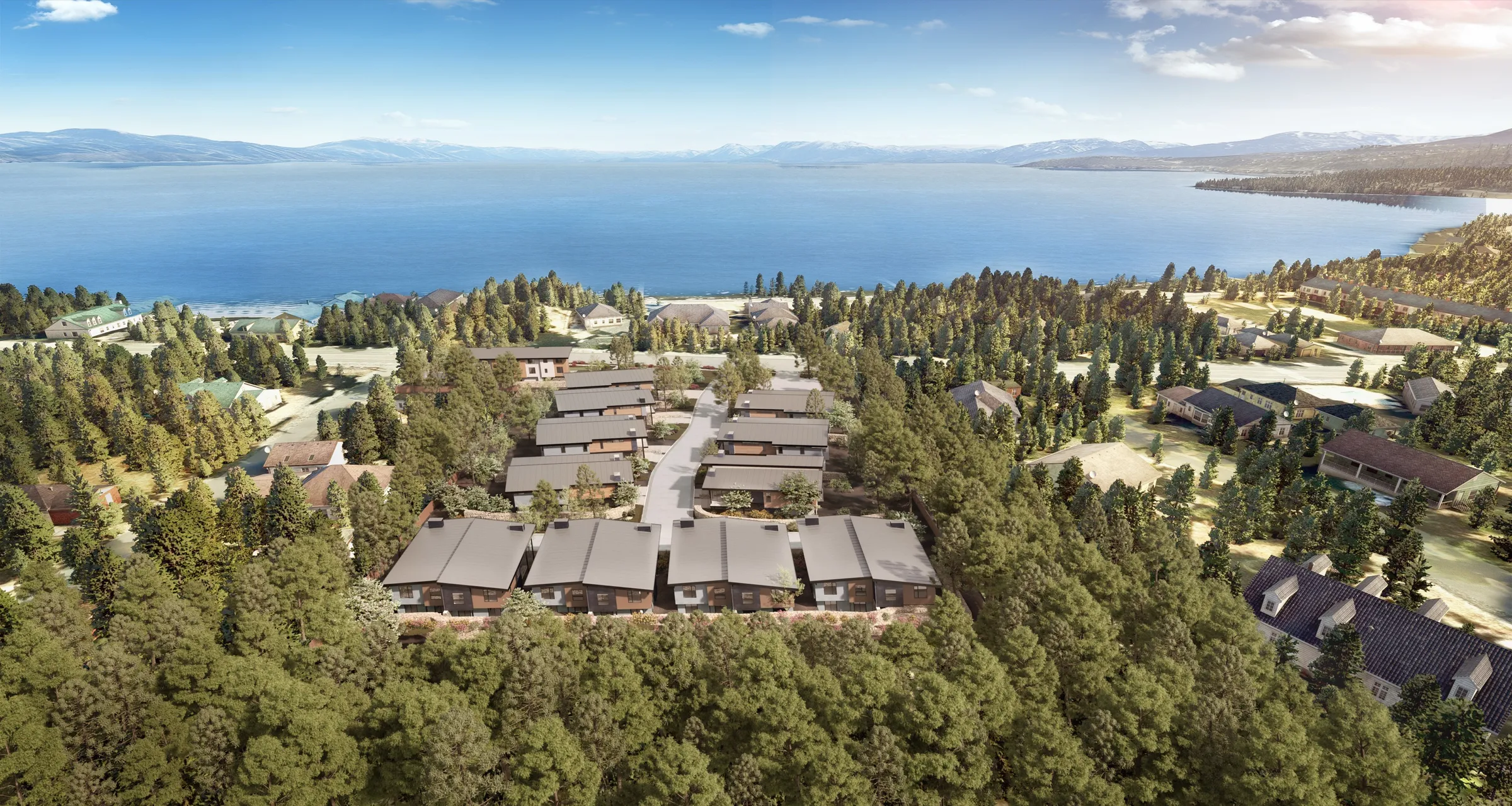 Aerial 3D rendering of Alpine View Estates in Tahoe Vista, rows of dark-roofed townhomes along a private lane set in pine forest, with Lake Tahoe and distant mountains beyond