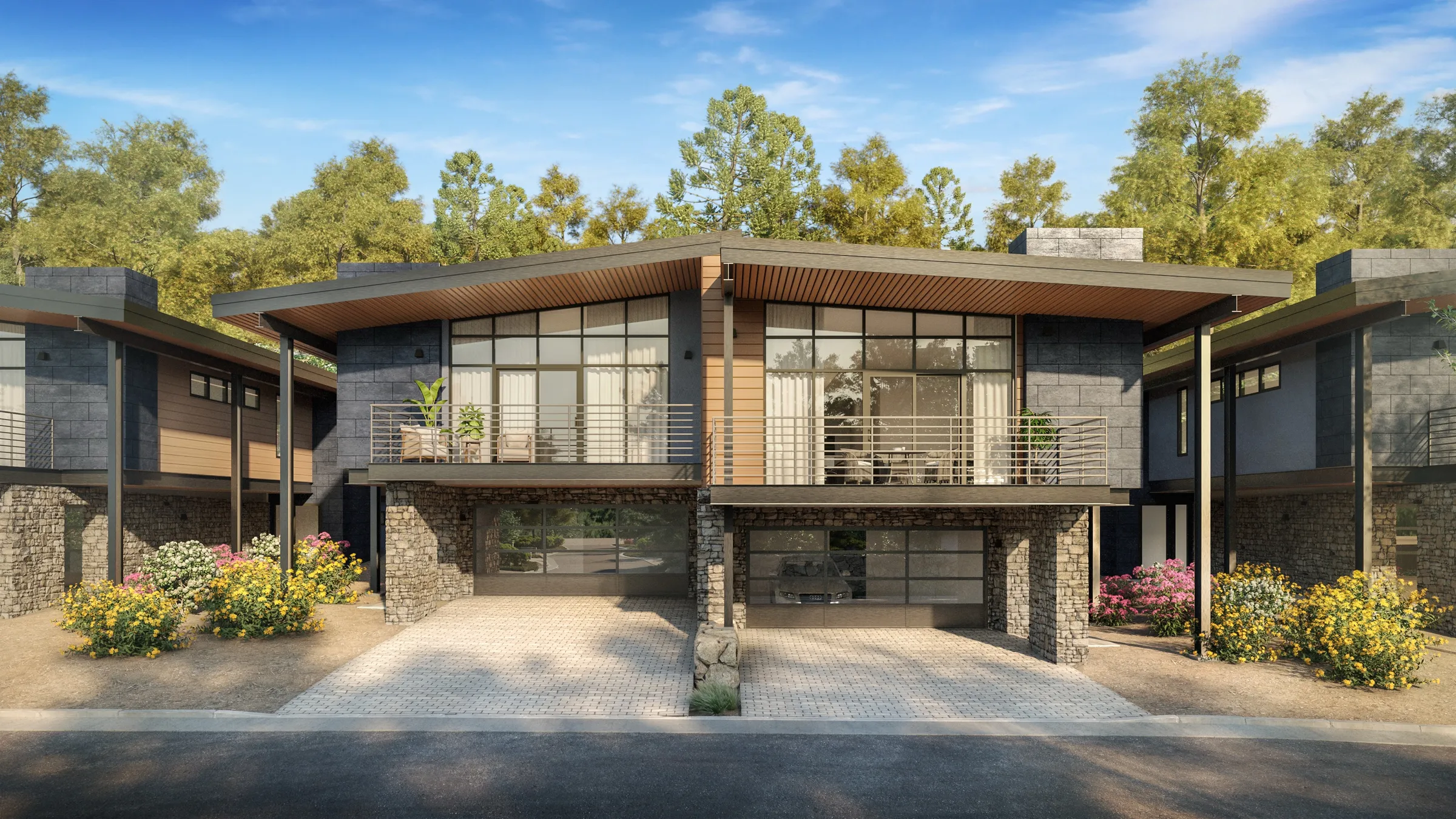 3D exterior rendering of an Alpine View Estates townhome pair in Lake Tahoe, with upper balconies, a stone base, and flowering landscaping