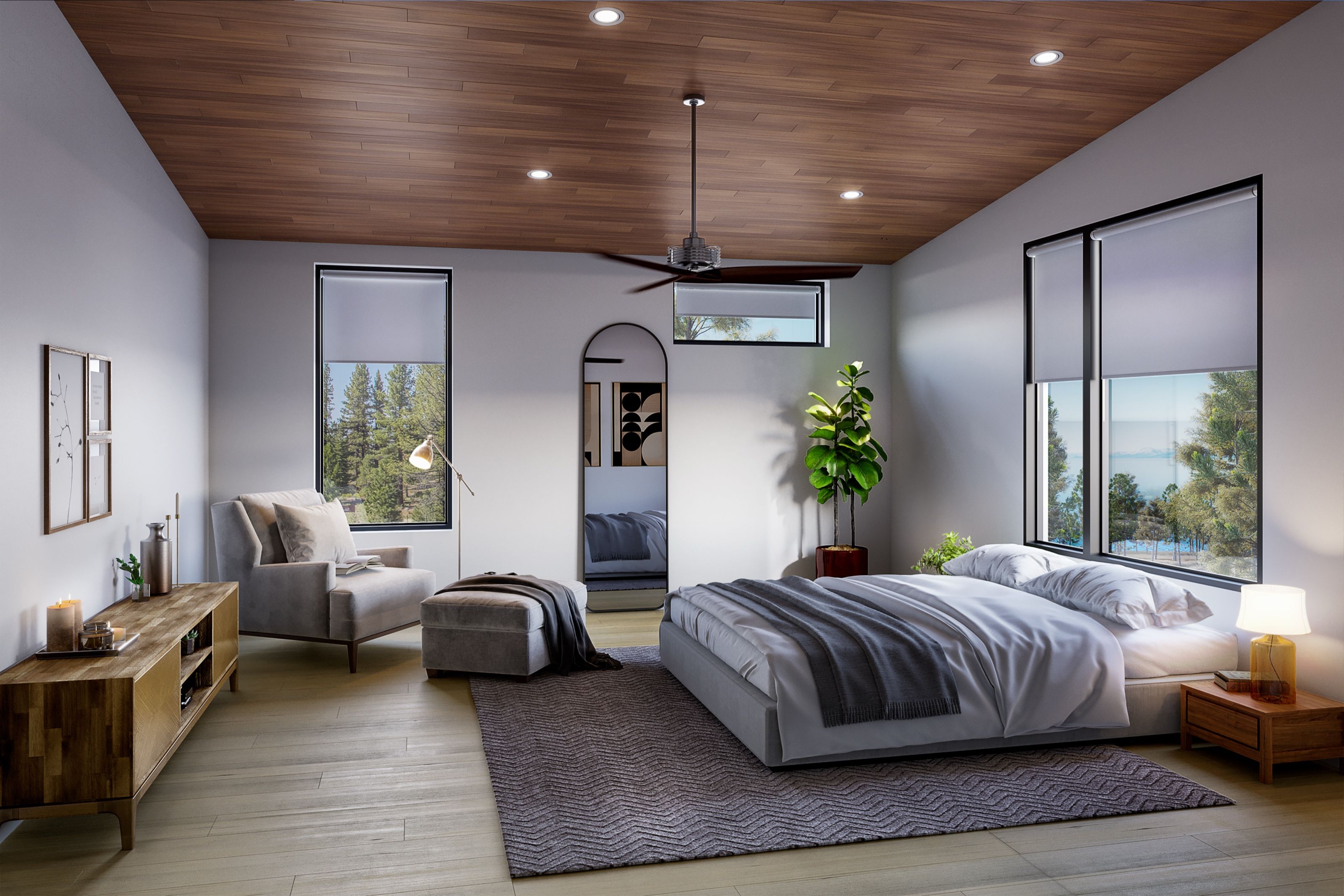 3D interior rendering of a primary bedroom at Alpine View Estates in Lake Tahoe, with a vaulted timber ceiling, ceiling fan, and a glimpse of the lake