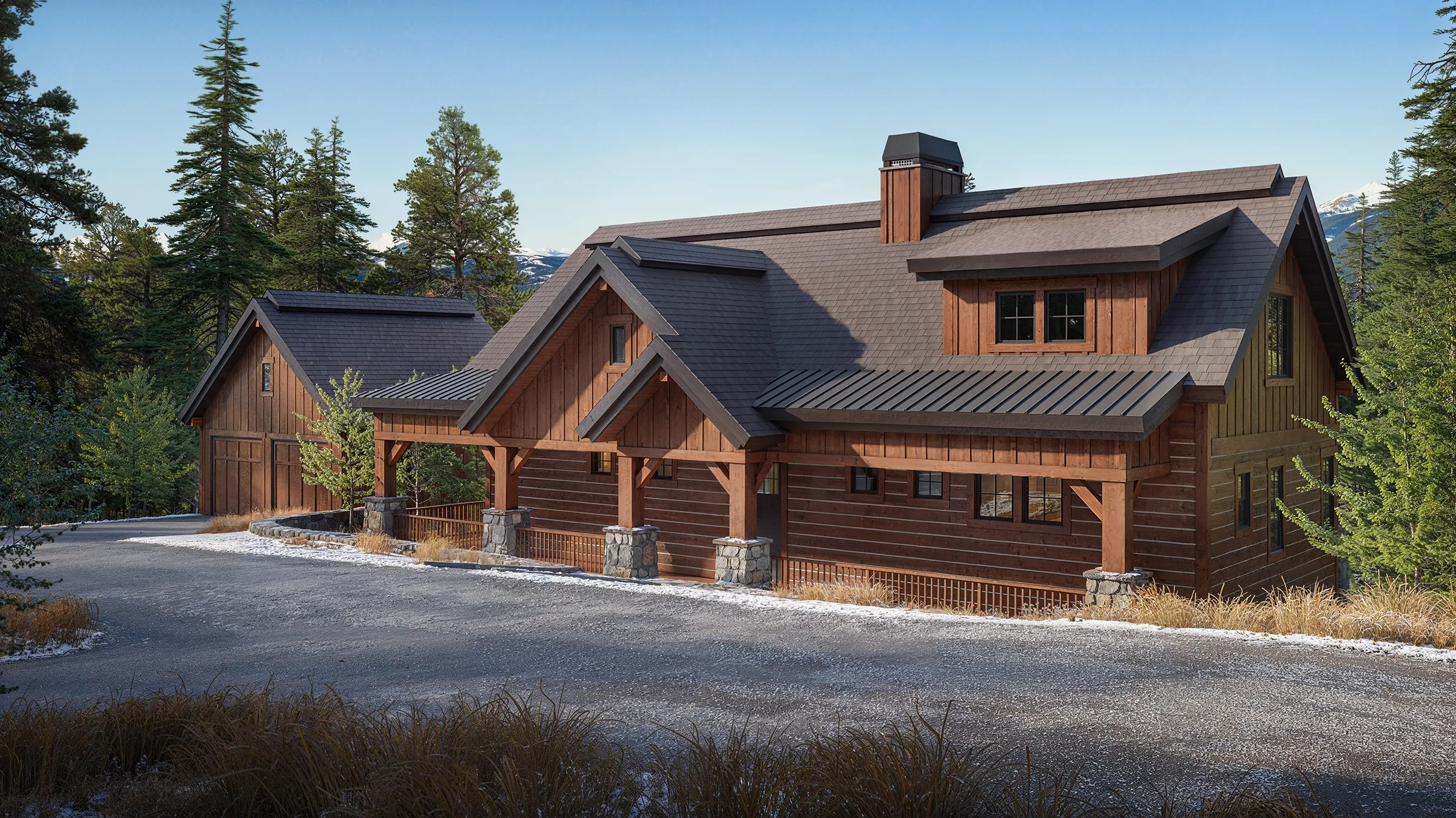 Photorealistic 3D rendering of the front exterior of the Haystack model by Alturas Homes, a mountain-style timber and stone home with a metal-and-shingle roof and a covered entry, set among evergreens with a light dusting of snow.