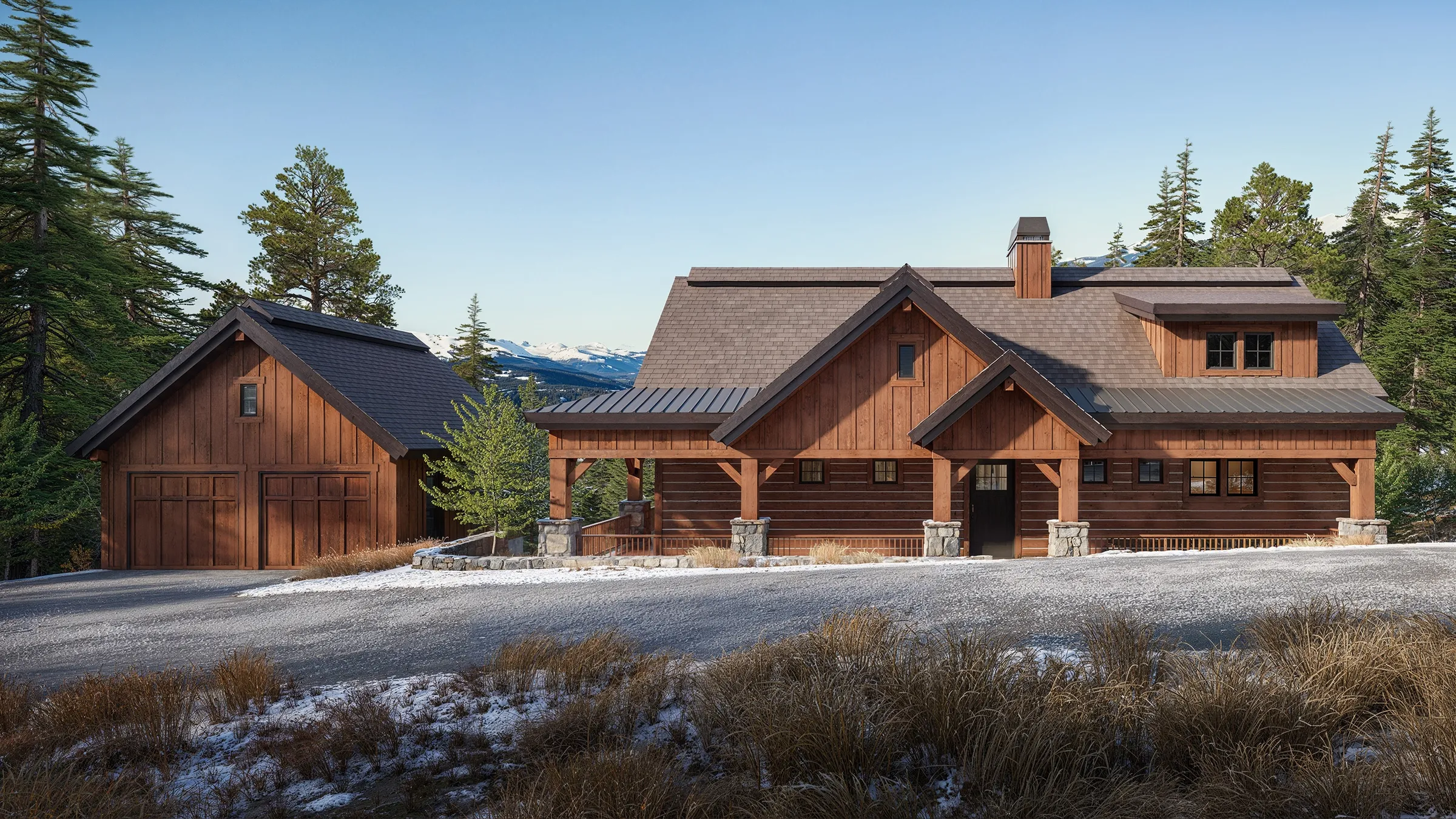 Photorealistic 3D rendering of the Haystack model by Alturas Homes, showing the timber home and its detached garage across a curved gravel driveway with distant mountains.