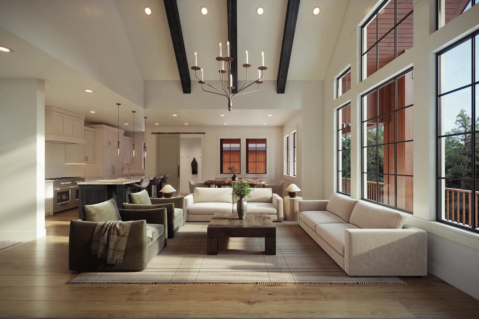 Photorealistic 3D rendering of the great room of the Haystack model by Alturas Homes, with vaulted beamed ceilings, neutral sofas around a timber coffee table, and an open kitchen and dining area beyond.