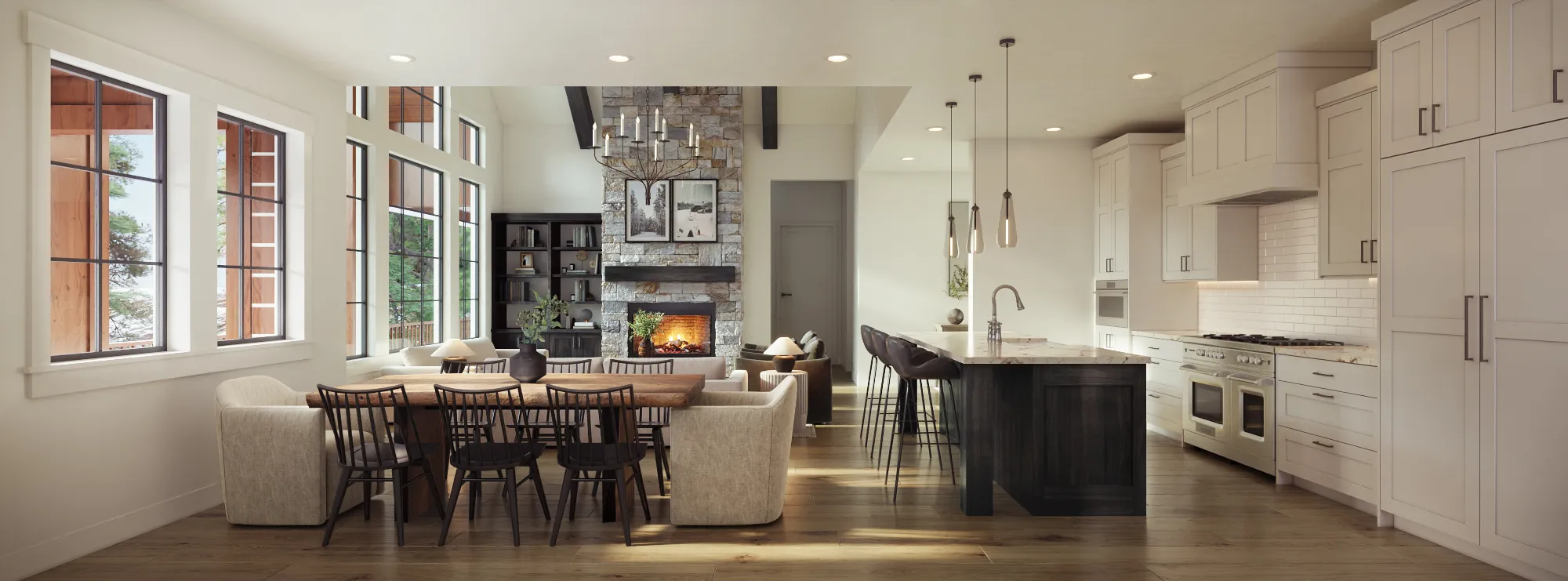 Photorealistic 3D rendering of the kitchen and dining area of the Haystack model by Alturas Homes, with cream shaker cabinetry, a stone-topped island with bar stools, a stone fireplace, and a live-edge dining table.